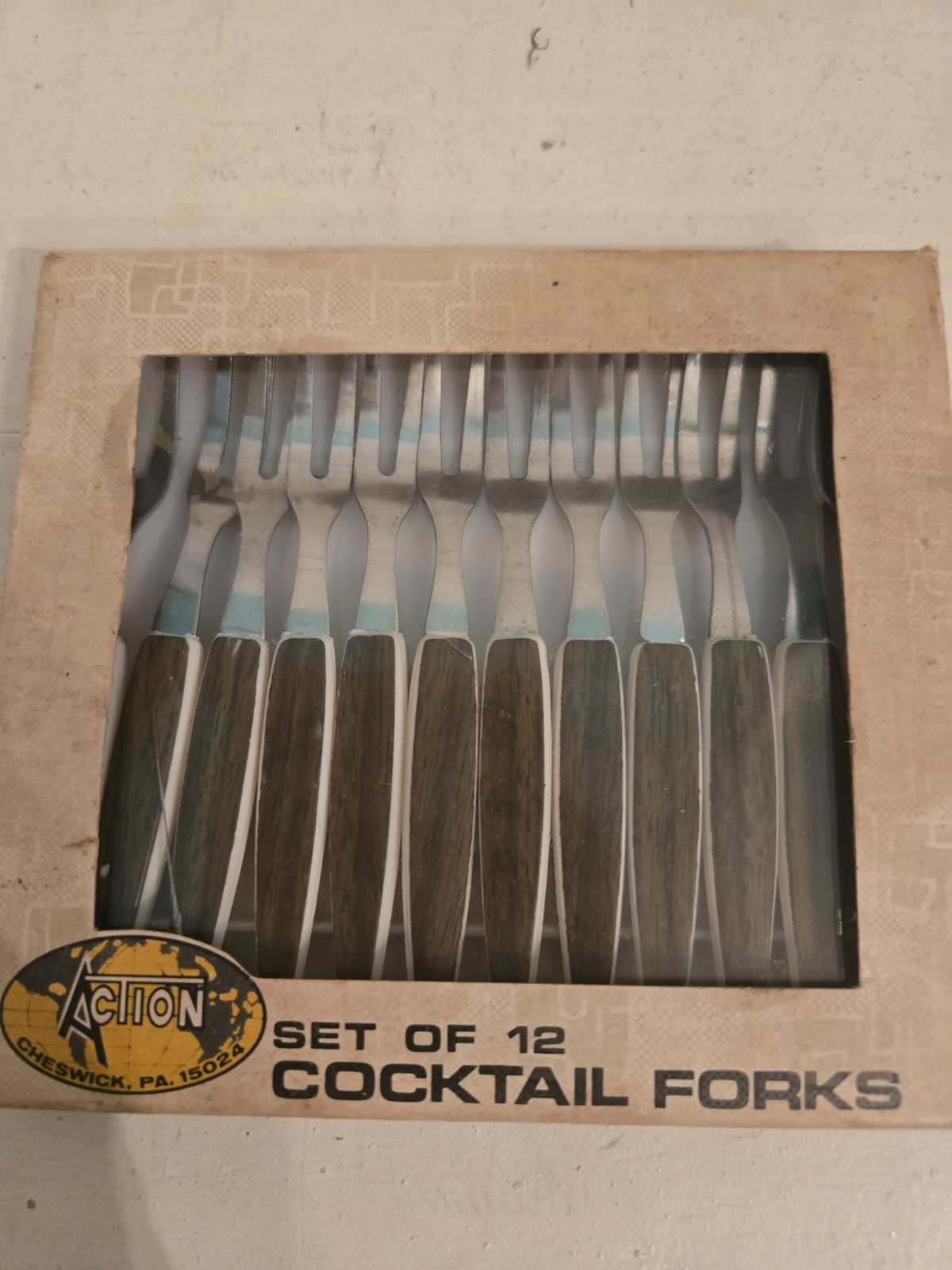MCM 1972 Cocktail Forks. Set of 12. Stainless Steel, Melamine Wood Grain In Box