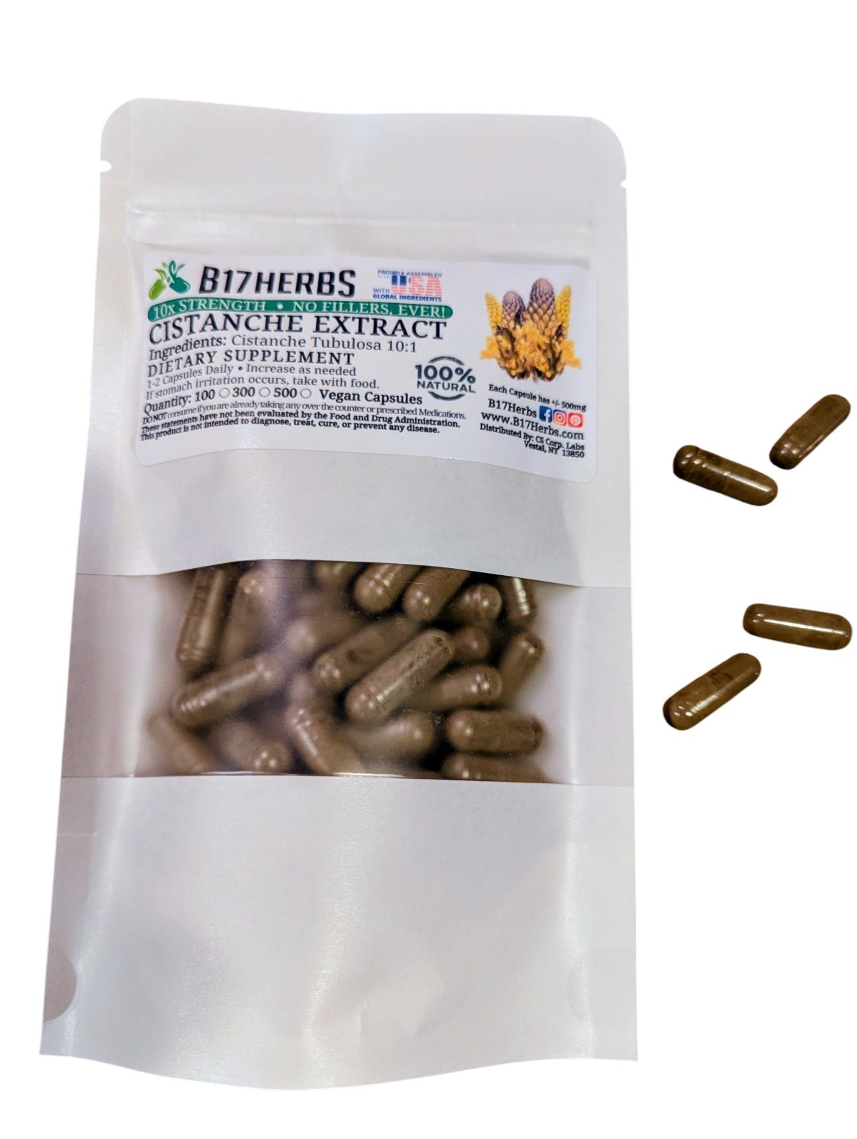 Cistanche Tubulosa 10:1 Extract Caps - 10x Strength - 100 Veggie Caps, 500mg