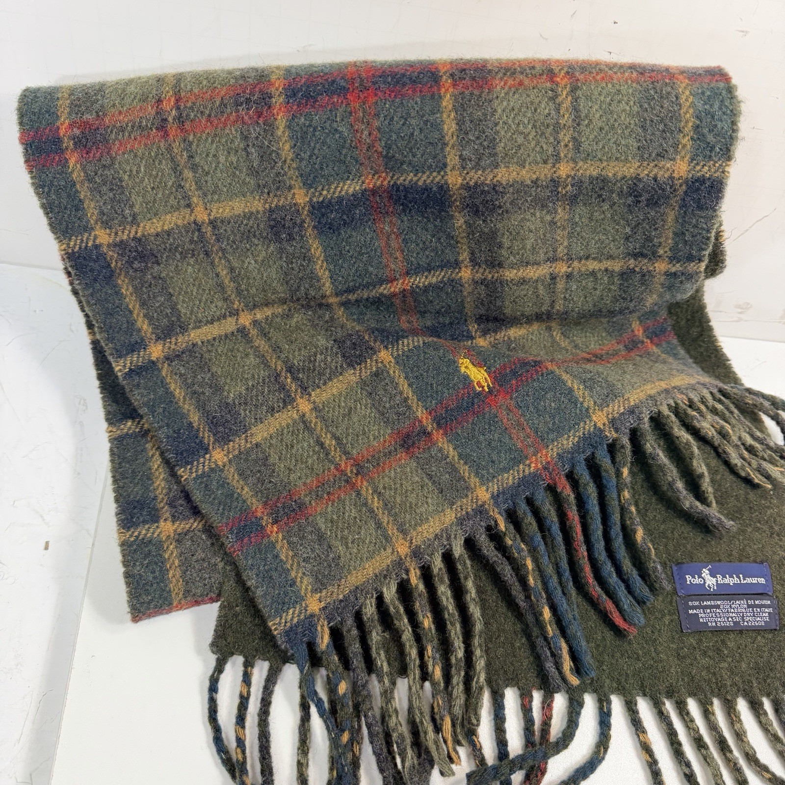 Polo Ralph Lauren lambswool tartan plaid scarf olive green 12x56 academia fringe