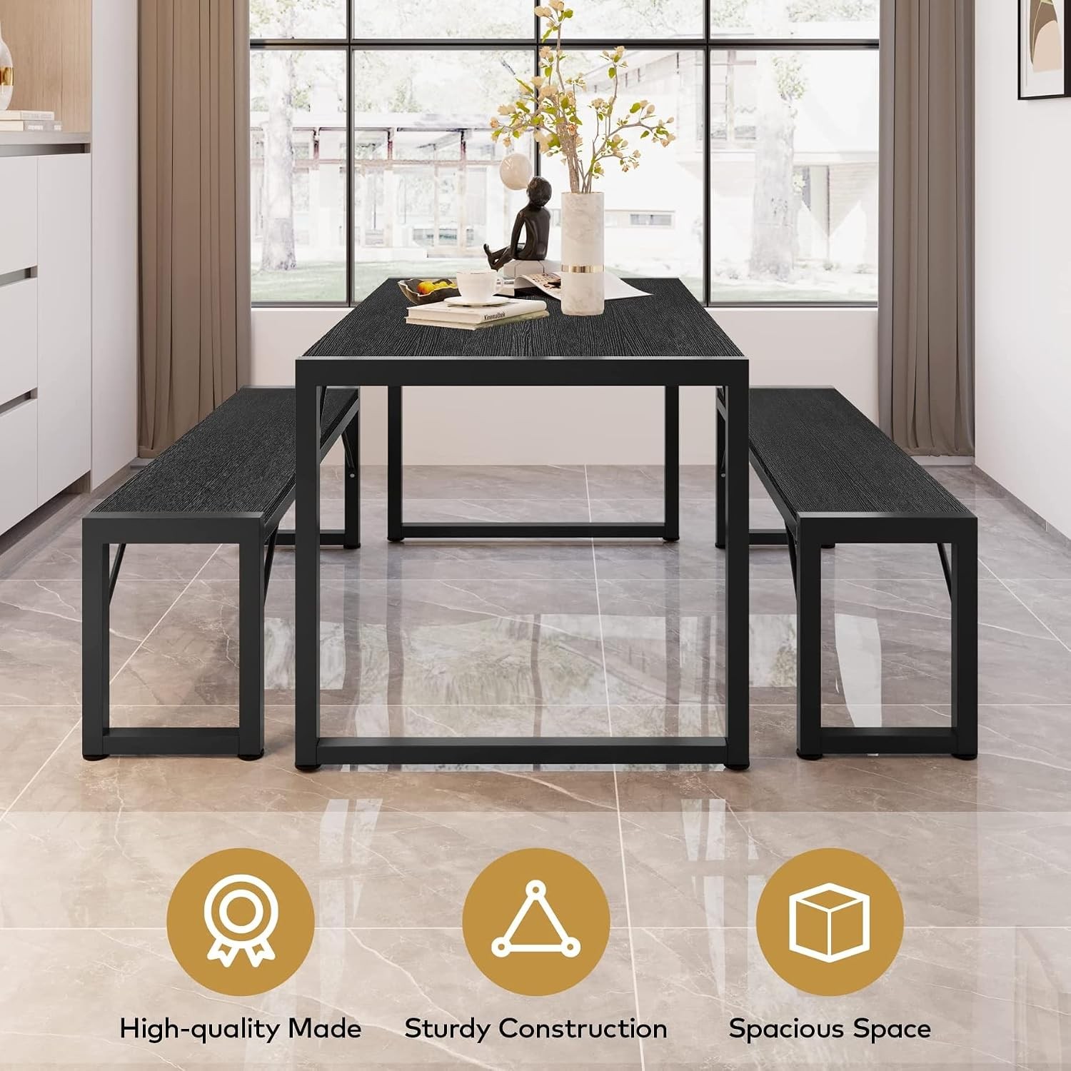 45.5" Dining Table Set for 4 with 2 Benches Kitchen Table Set with Metal Frame