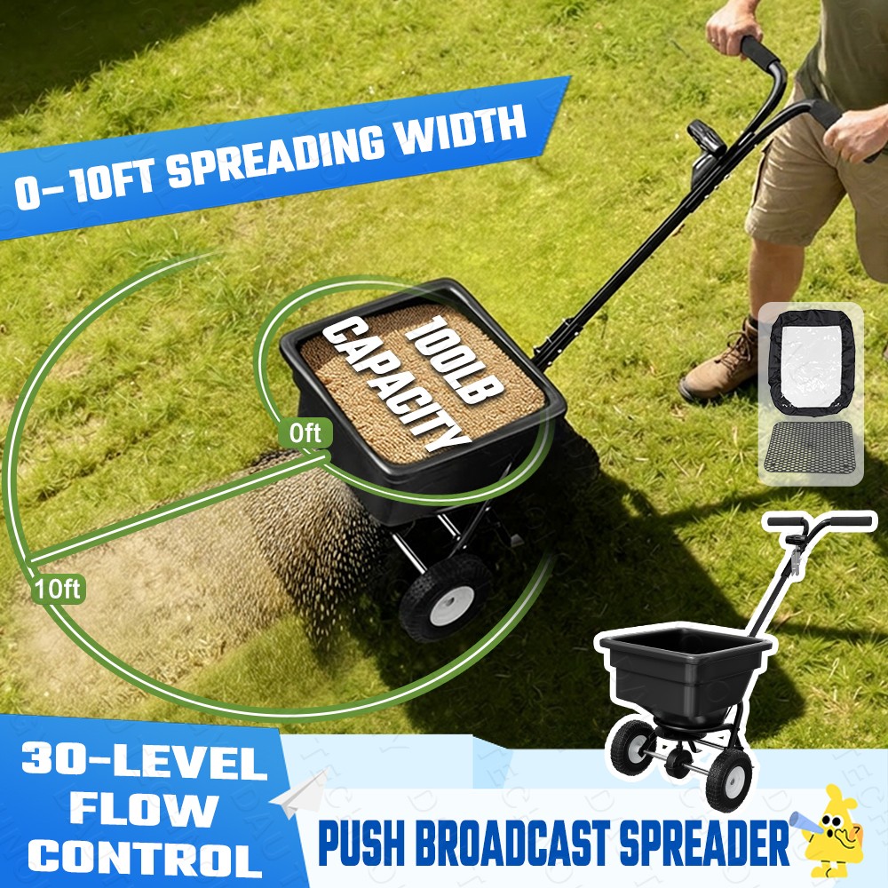 100LB Broadcast Spreader Walk-Behind Push Lawn Spreader for Seed Fertilizer Salt