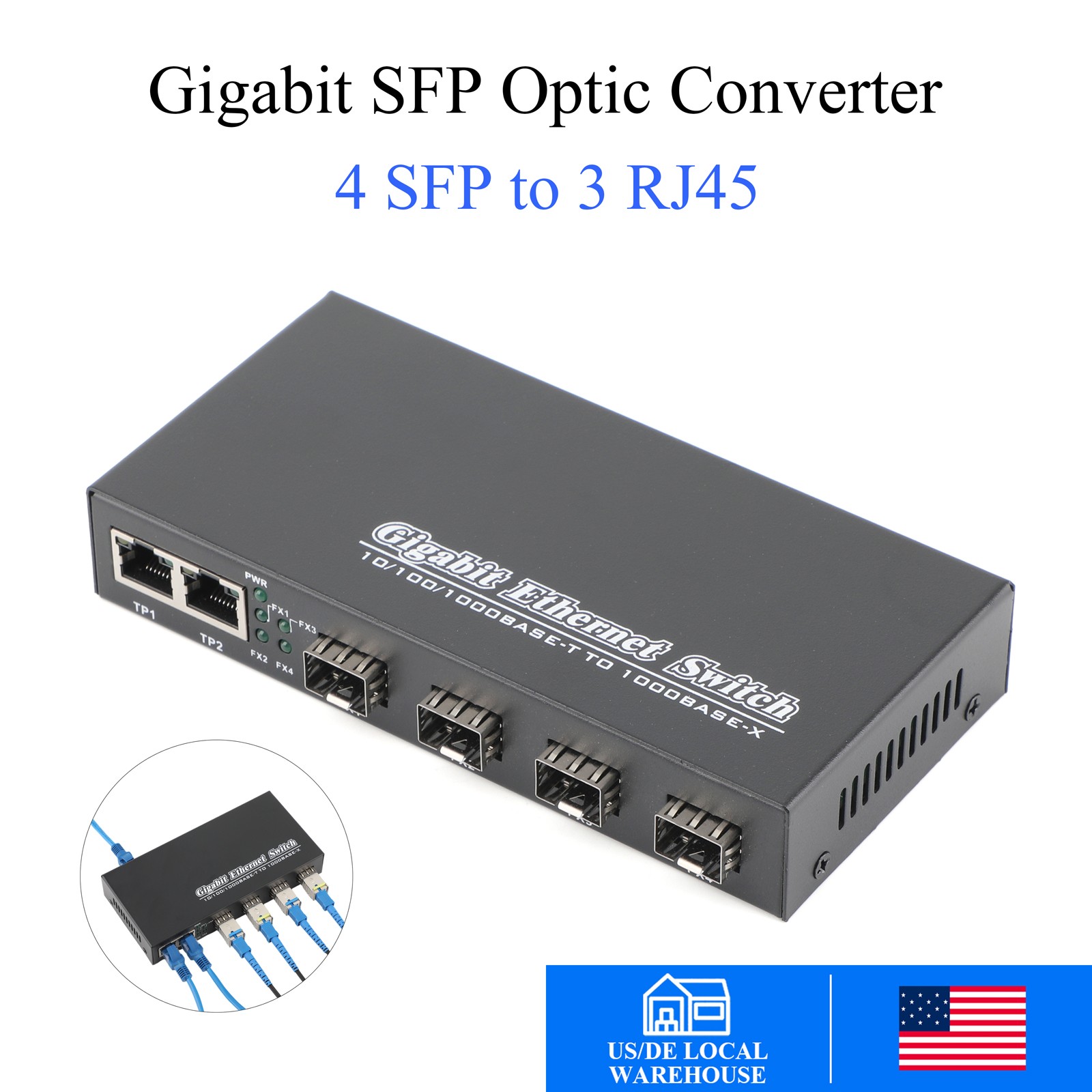 Gigabit SFP Media Converter 4 SFP to 3 RJ45 10/100/1000M Fiber Optic Switch