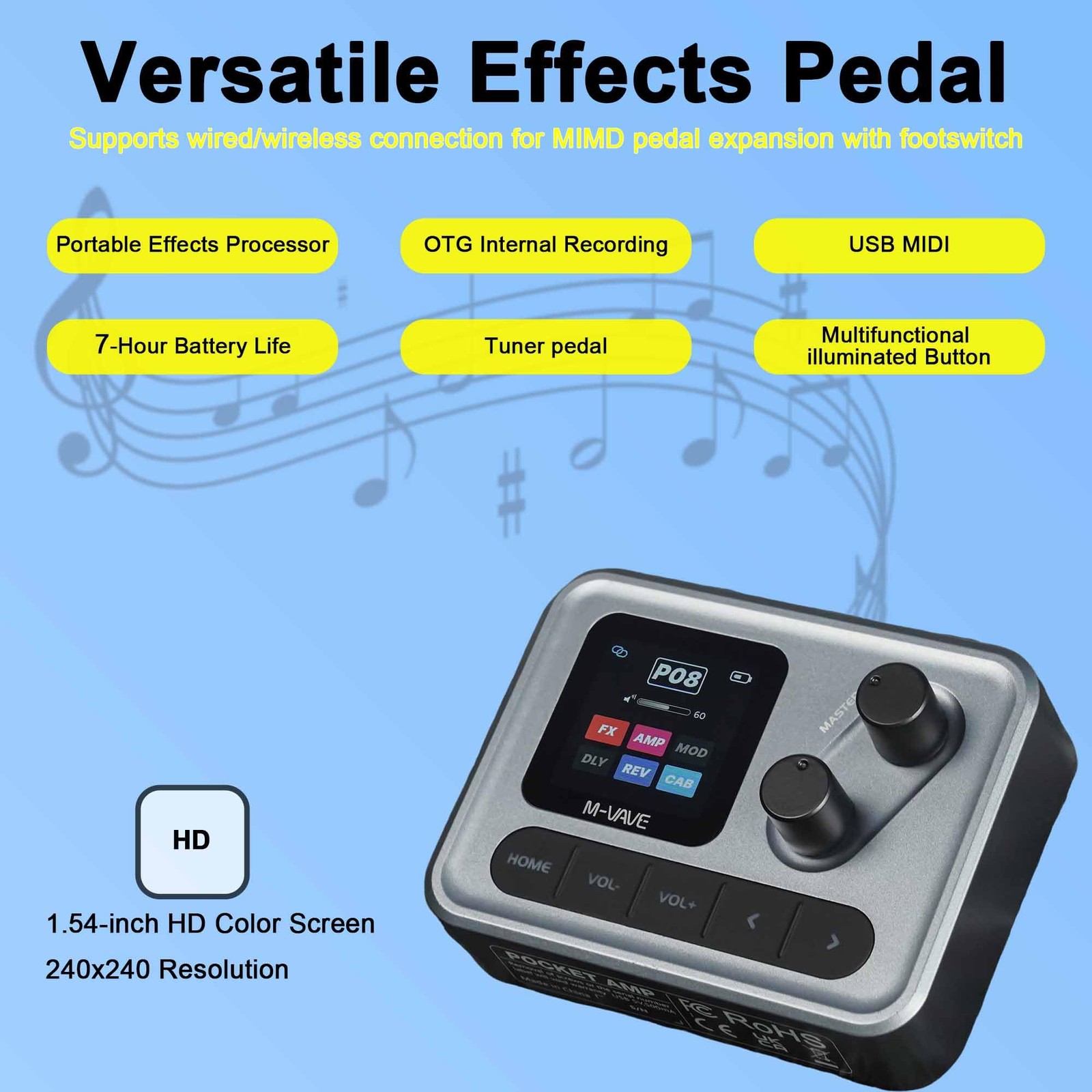 M-VAVE Pocket AMP Multi Effects Pedal Processor with 6 Modules, 80 Editable E...