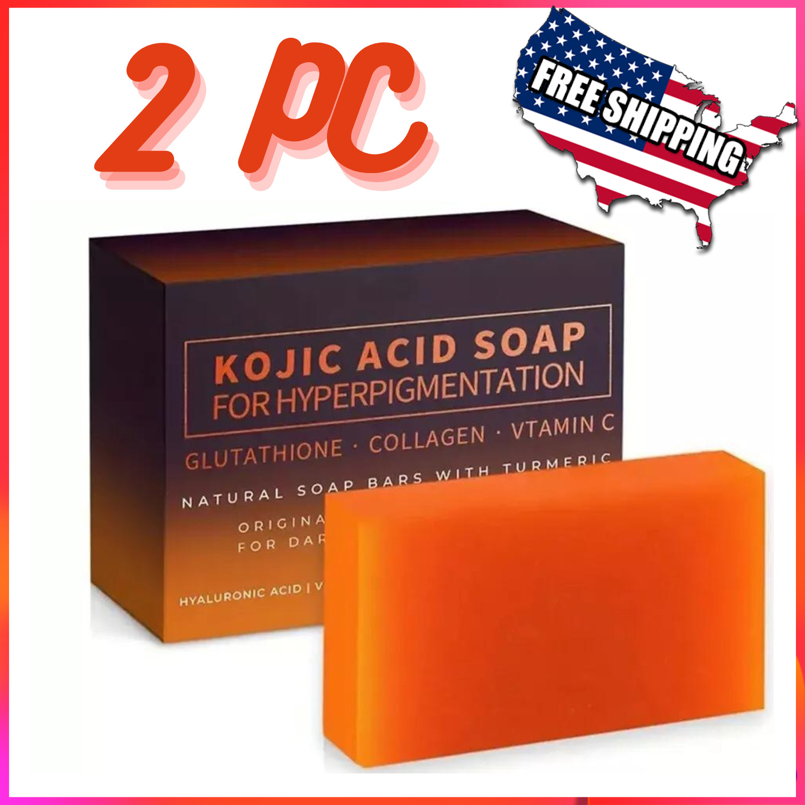 2 Pack Kojic Acid Dark Spot Remover Soap Bars with Vitamin C, Retinol, Collagen