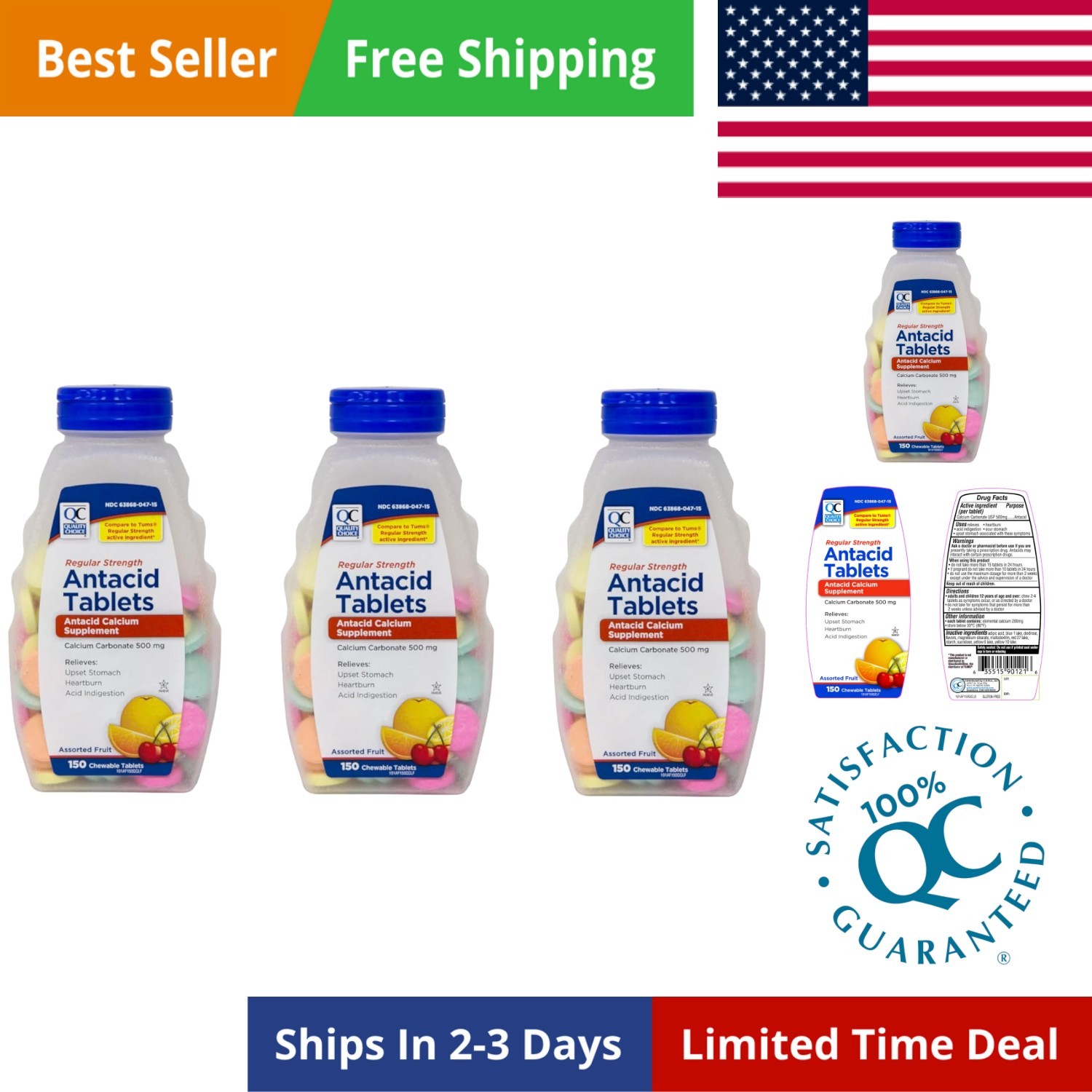 Regular Strength Calcium Carbonate 500 mg Antacid Chewable Tablets, 150 Count...