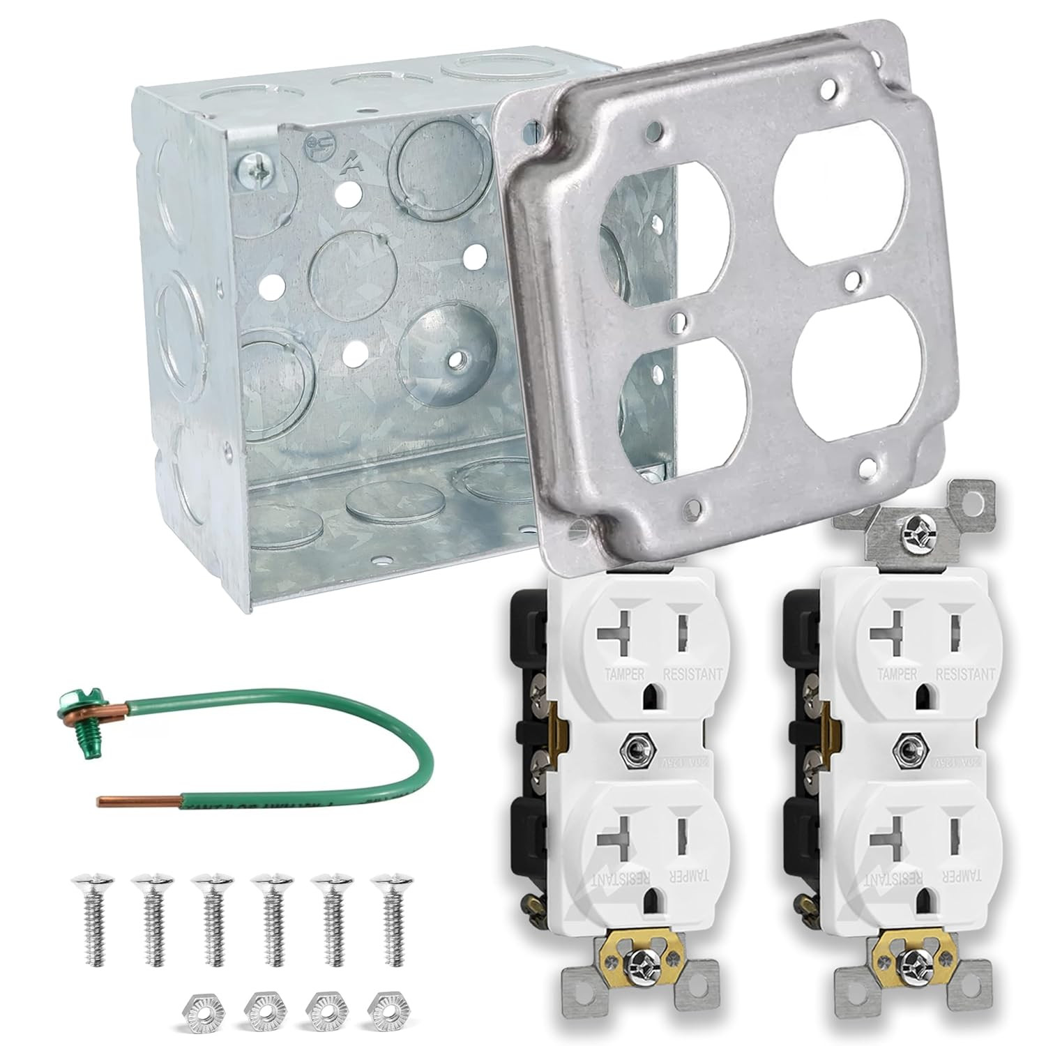 Outlet Box Kit Includes 4X4 Welded Metal Electrical Box 2 Tamper Resistant 20