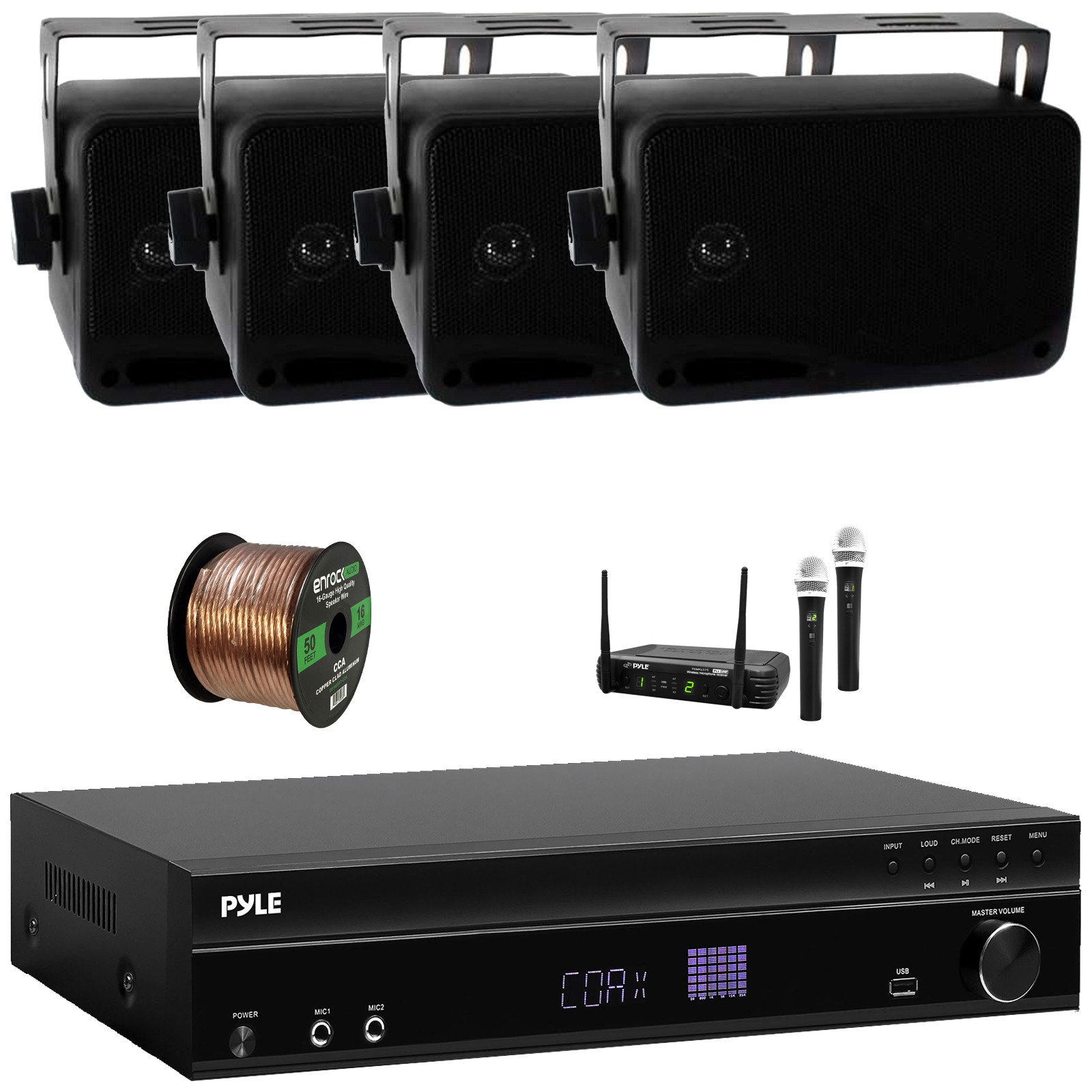 Pyle 1000W Bluetooth Receiver, 4x 3.5'' 200W Indoor/Outdoor Black Speakers + Mic