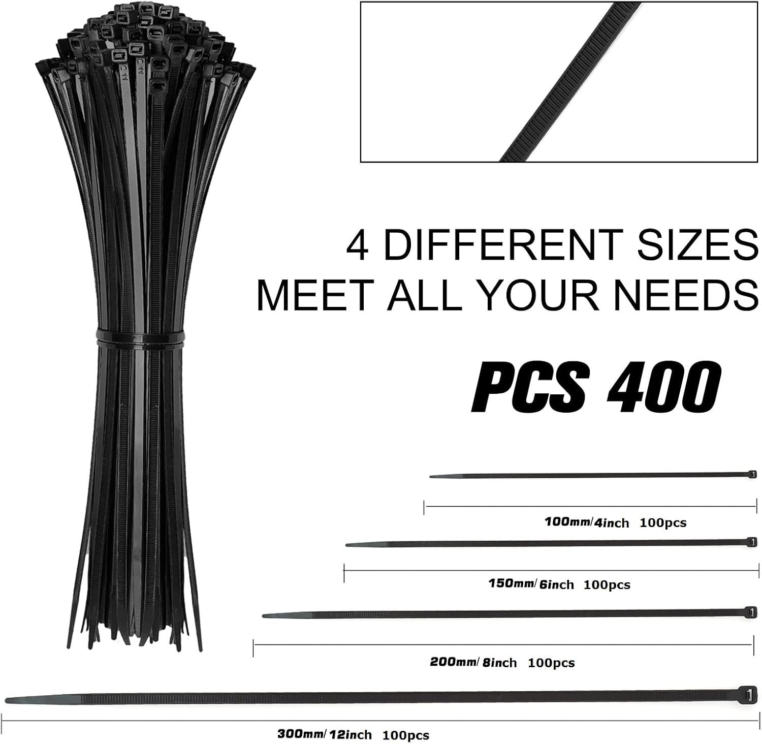 Cable Zip Ties,400 Pack Black Assorted Sizes 12+8+6+4 Inch,Multi-Purpose Self...