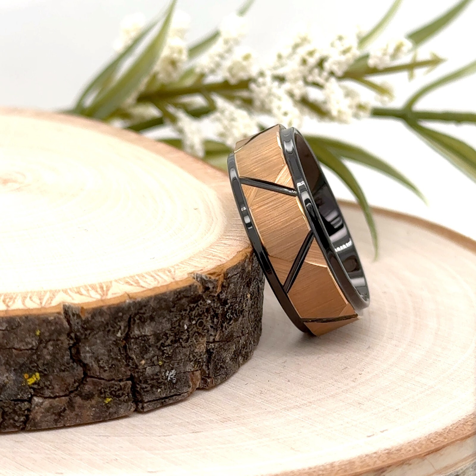 Trapezoid Design Rose Gold Tungsten Unisex Ring 8mm Black Tungsten Proposal Ring