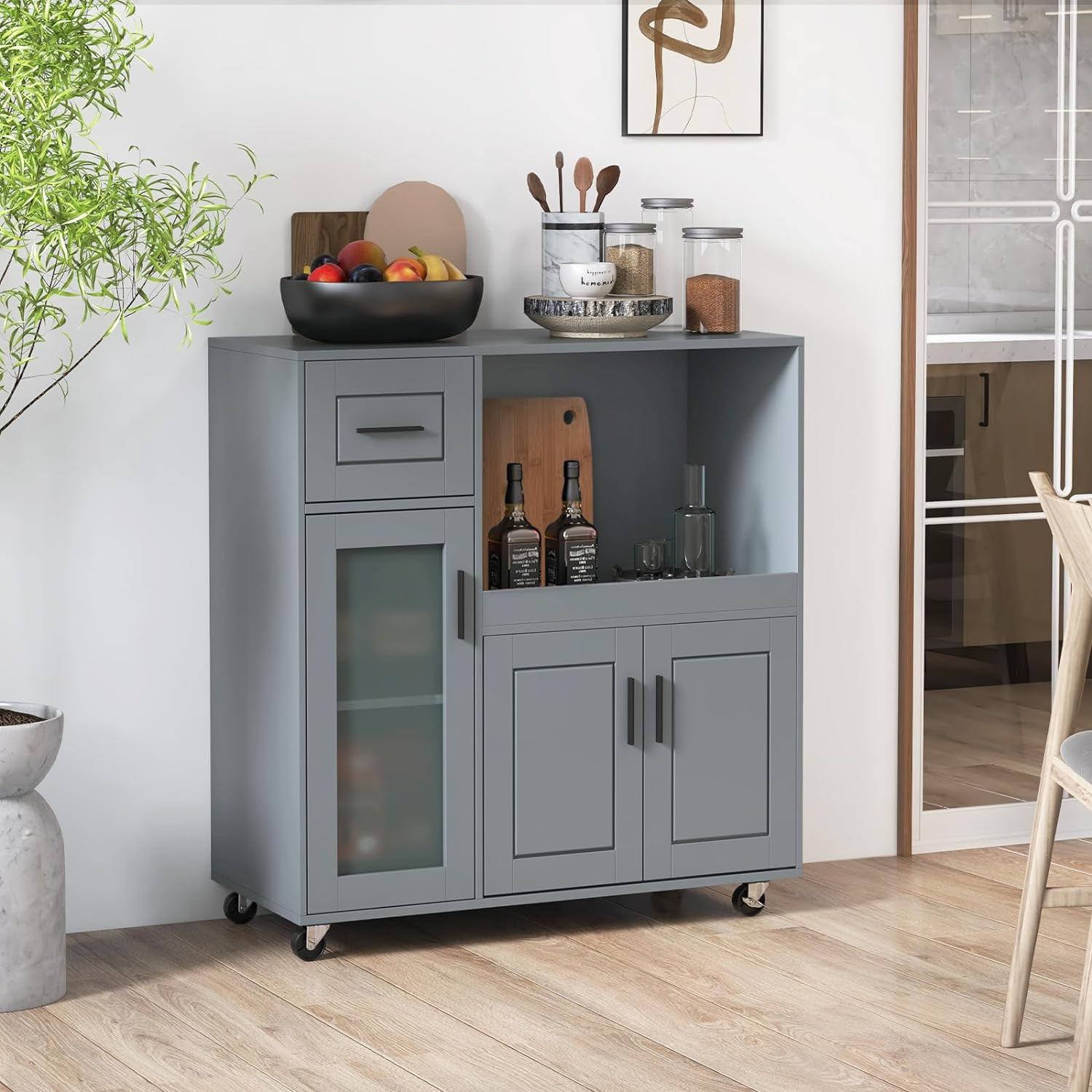 Rolling Kitchen Island Cart with Storage & Adjustable Shelf, Grey