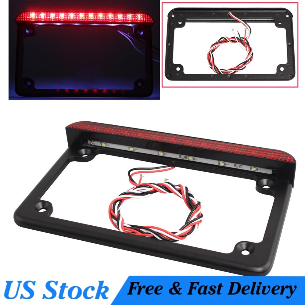 Universal Black Aluminum License Plate Frame w/ LED Light Brake Lamp Tail Light