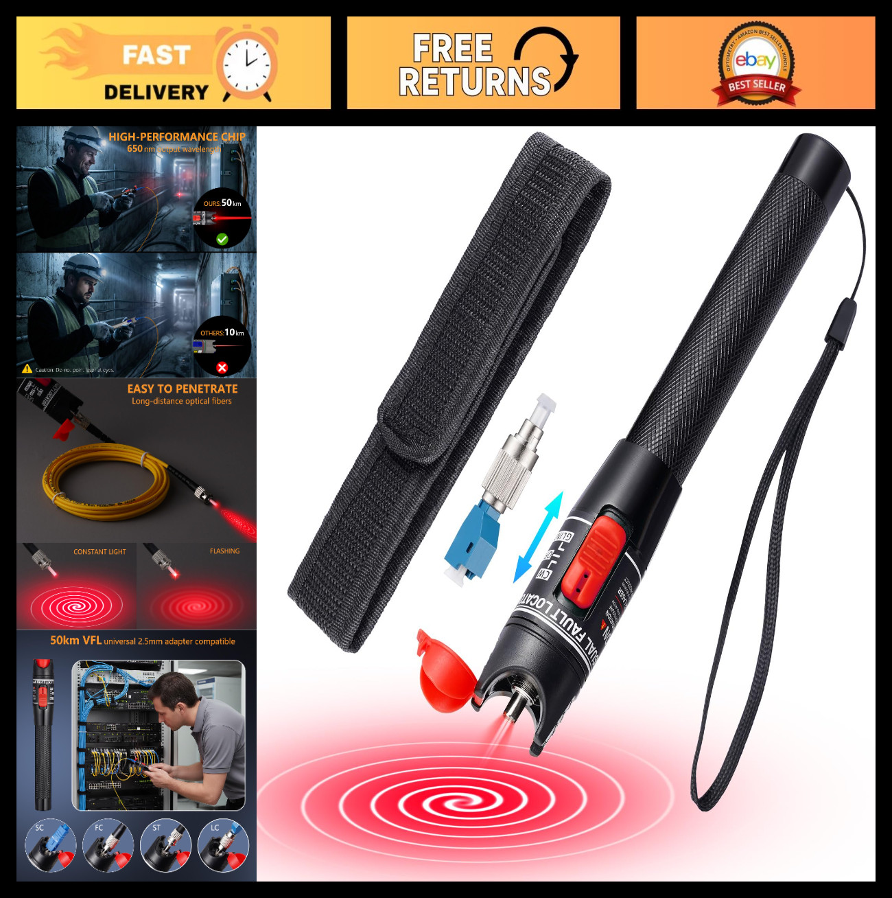 Fiber Optic Visual Fault Locator 50km Red Light Tester, 2.5mm Connector, CW/Puls