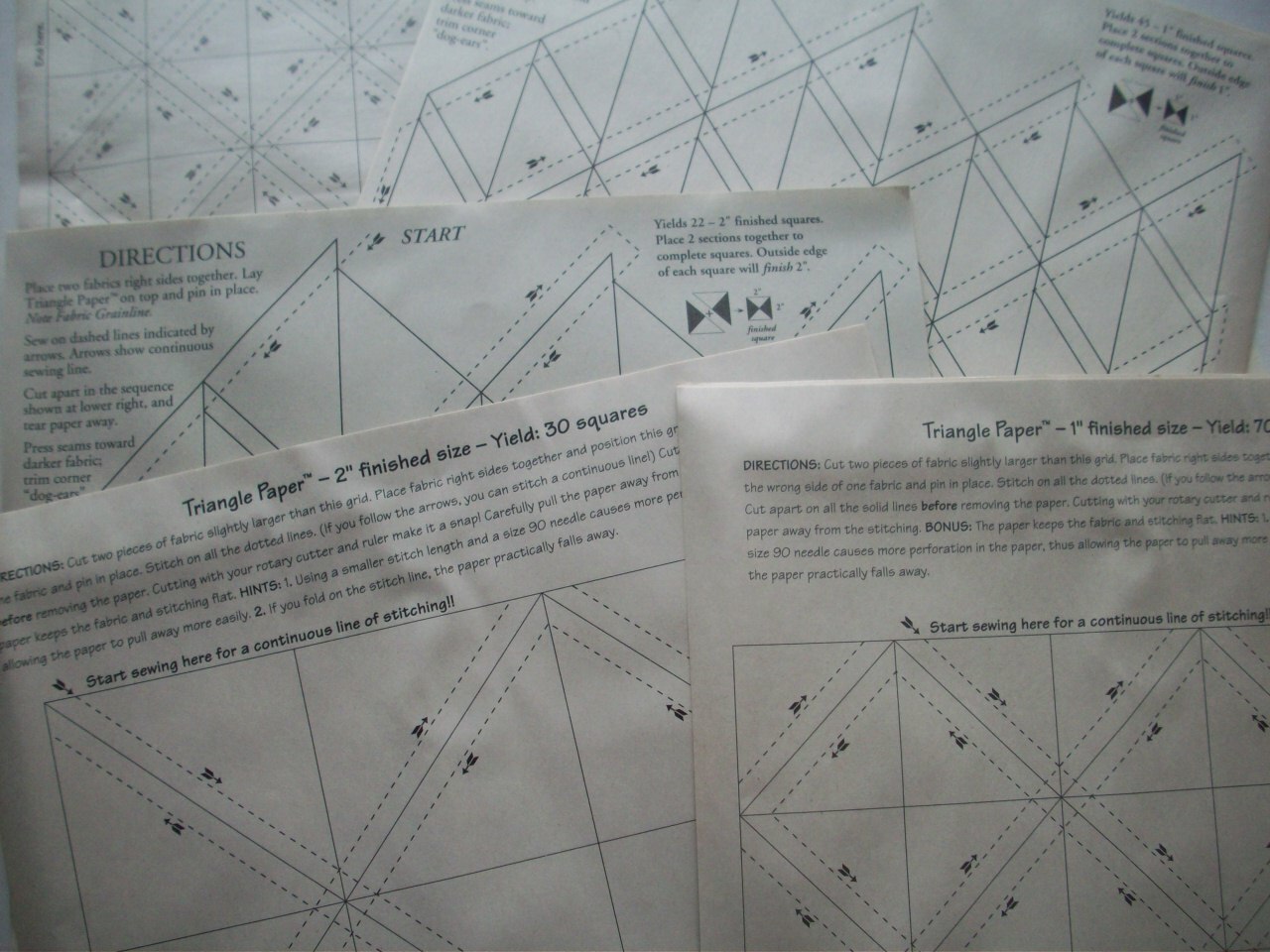 1/2" 1" 2 " triangles squares preprinted paper for Le Petite Quilt projects