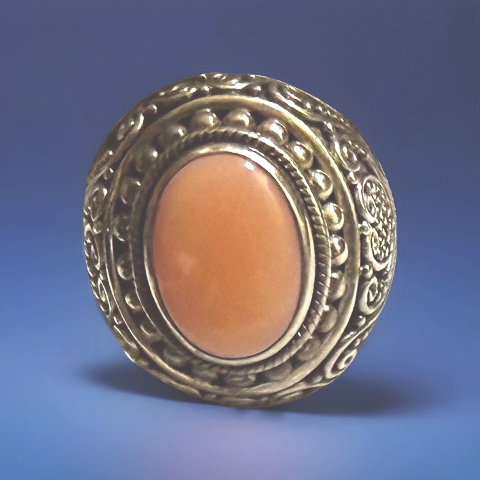 BA Suarti Sterling Silver Peach Coral Big Heavy Bali Ring Indonesia M/F Sz 9 EUC
