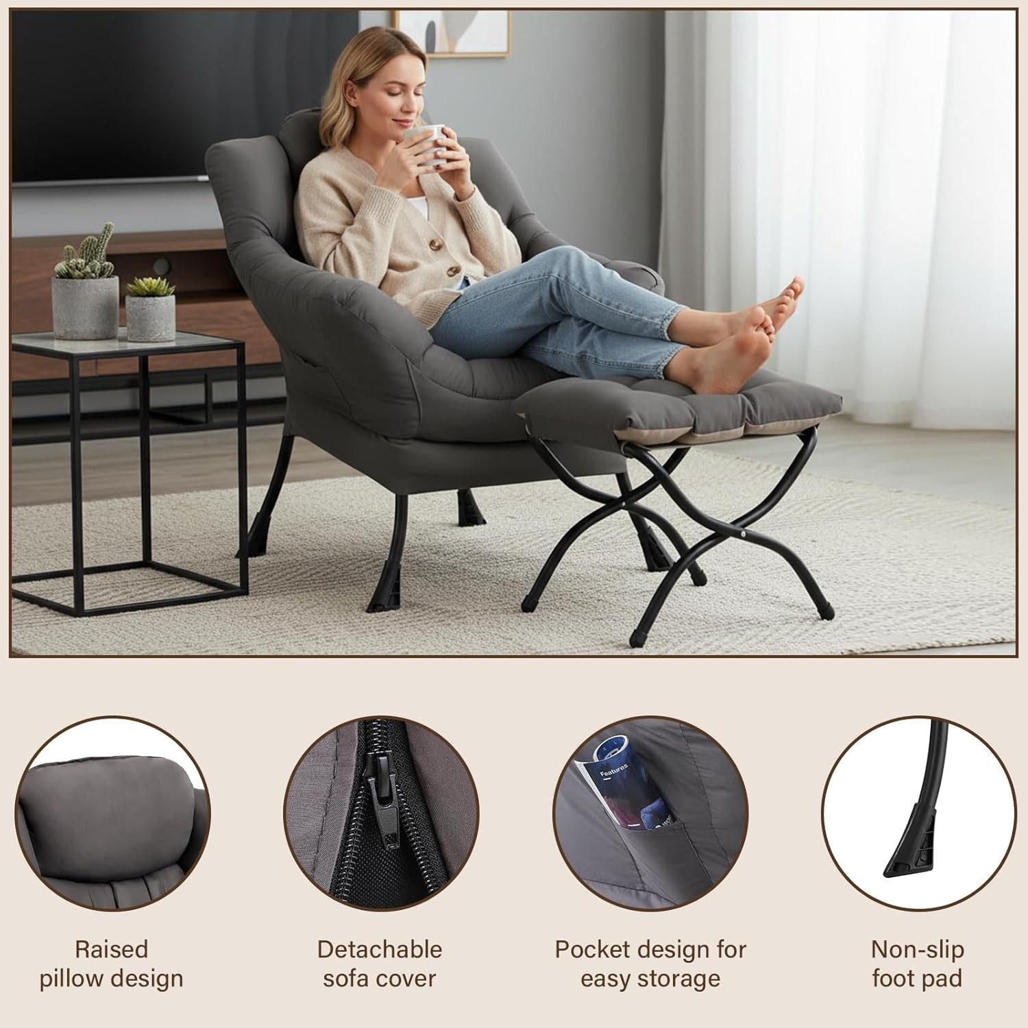 Lazy Chair W/ Ottoman Modern Lounge Accent Chair W/ Armrests & a Side Pocket