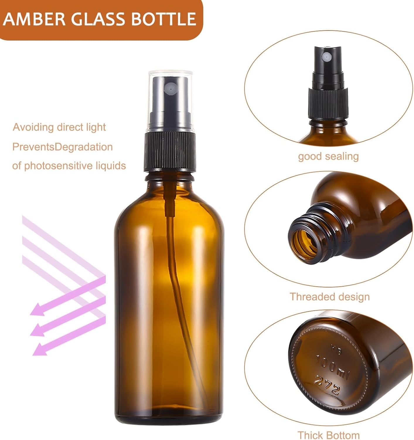 Versatile 100ml Refillable Amber Glass Spray Bottles - 3 Pack with Accessories