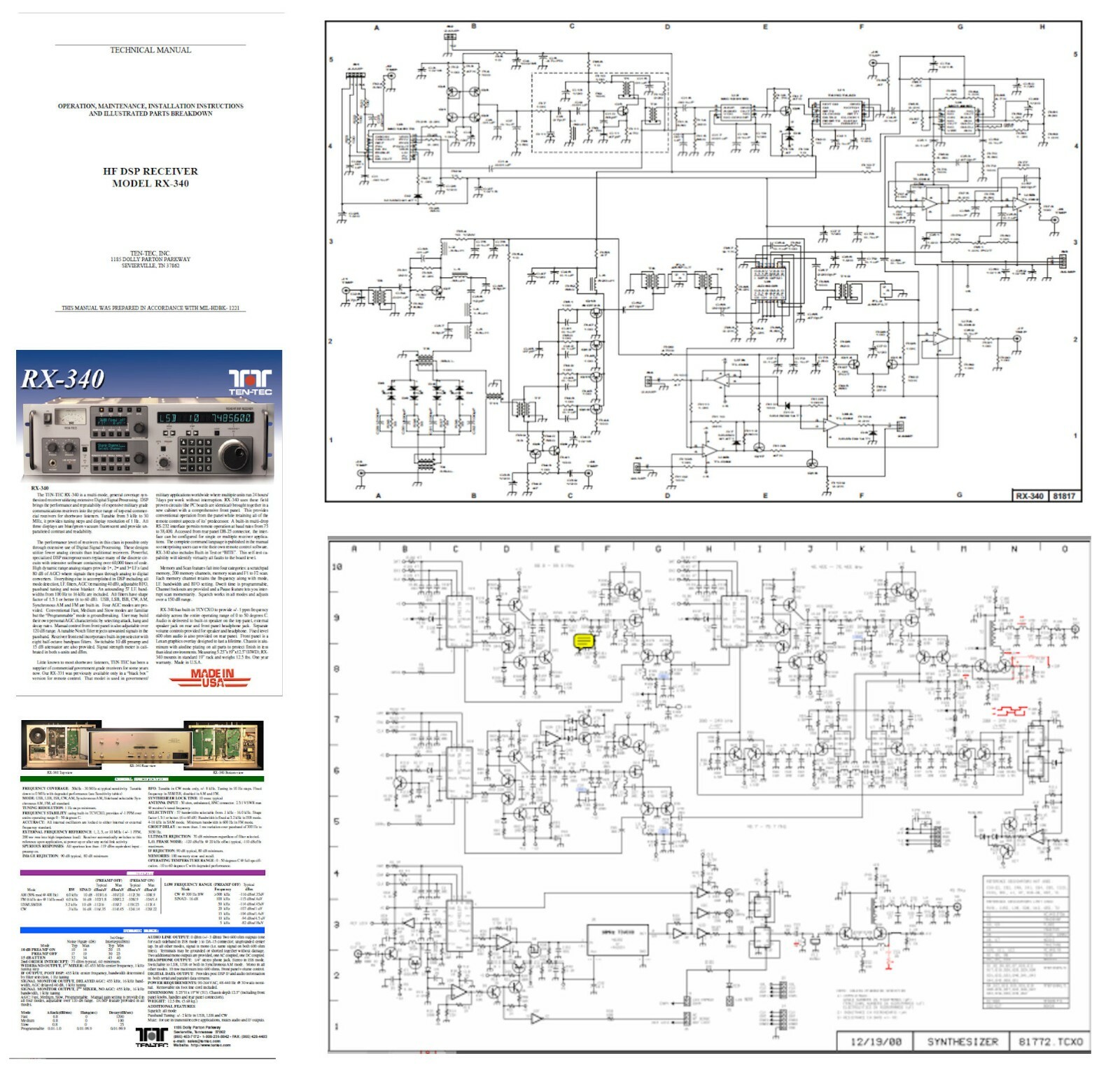 TEN-TEC RX-340 TECHNICAL MANUAL w/ 11x17" DIAGRAMS + COLOR BROCHURE - 32LB PAPER