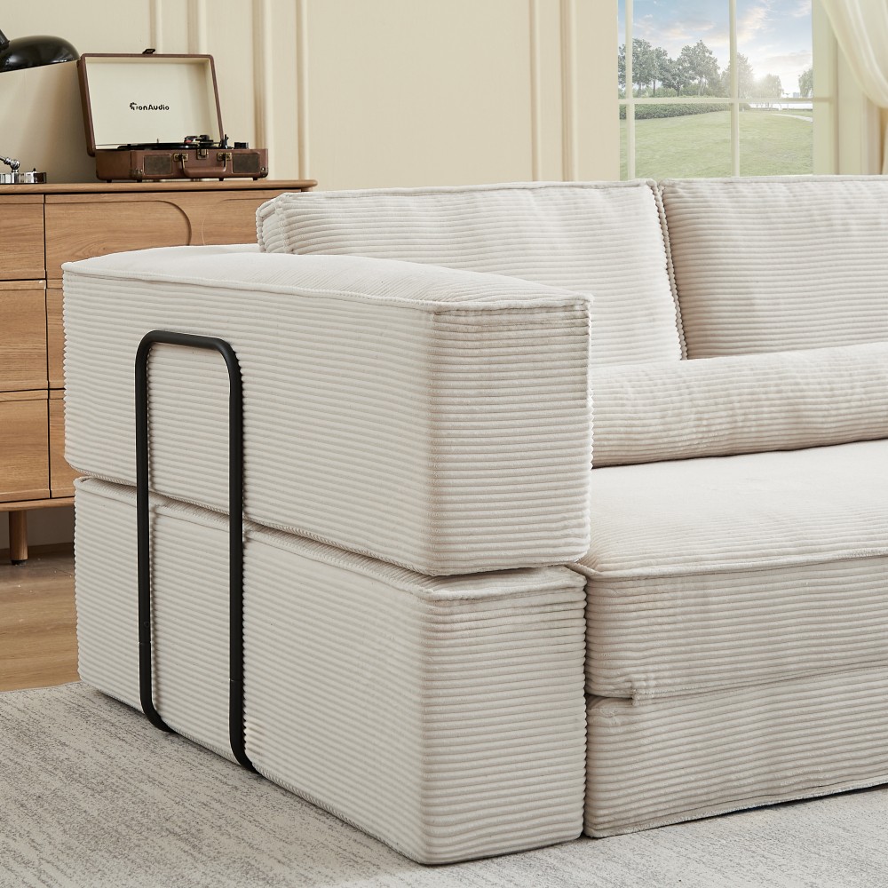 4-Seat Corduroy Modular Sectional Sofa Deep Seat Convertible Khaki Free Shipping