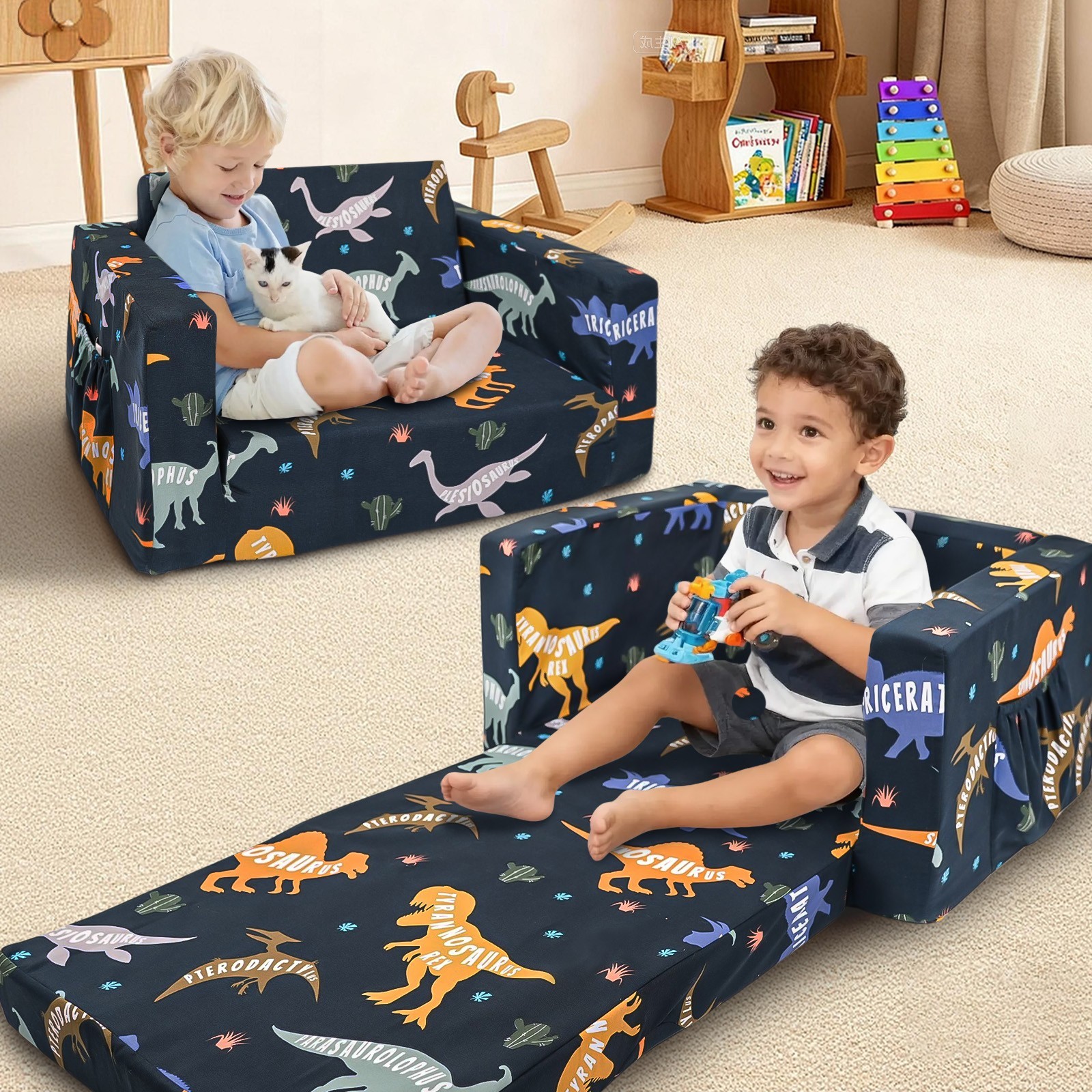 Zenkitch Toddler Sofa, 2-in-1 Cars Flip Open Toddler Couch, with Side Pocket