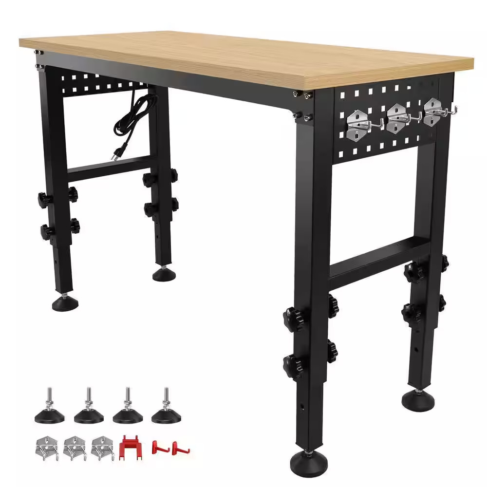 48 In. W Heavy-Duty Adjustable Workbench for Garage, Rubber Wood Shop Table W/Ru