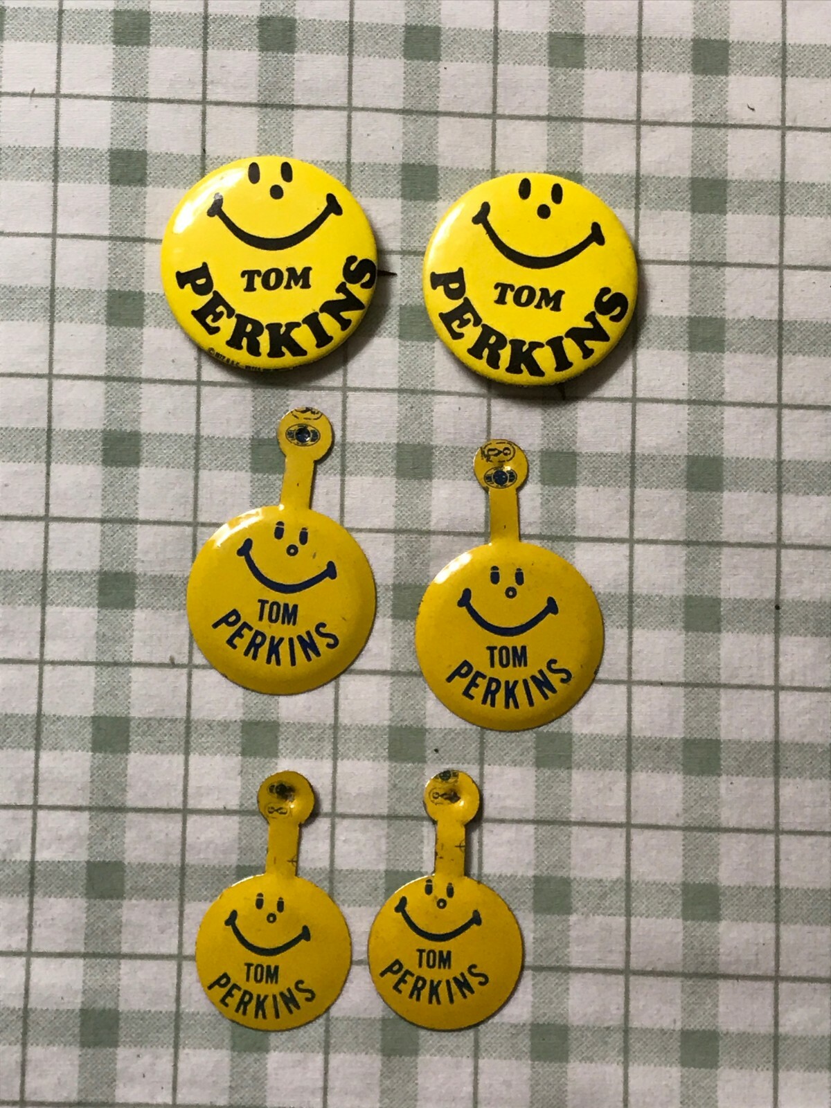 Lot of 6 Politcal pins Tom Perkins Yellow Smiley Face Pinback