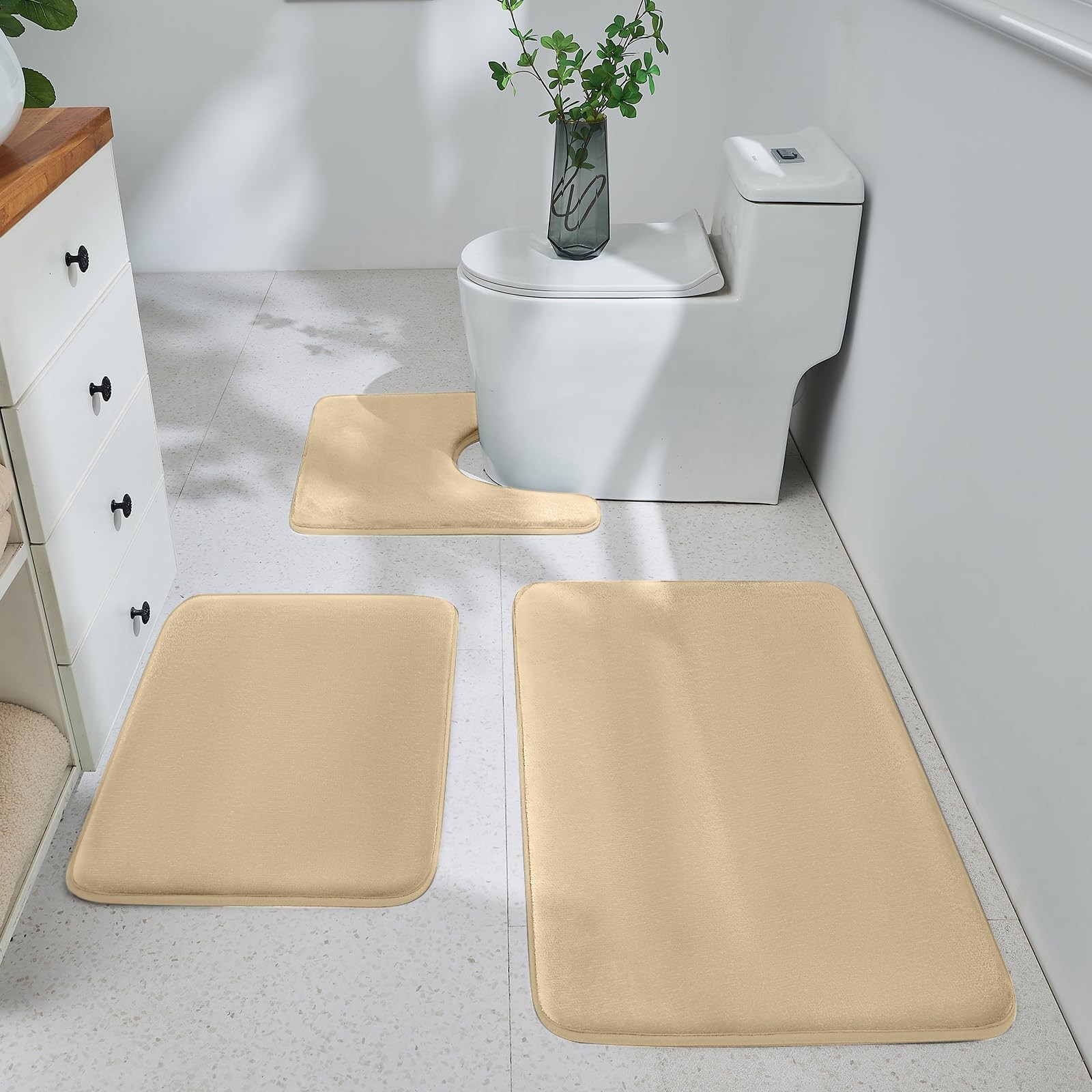 HUXMEYSON 3 Piece Bathroom Rug Set, Soft Velvet Memory Foam Bath Mats, Quick Dry