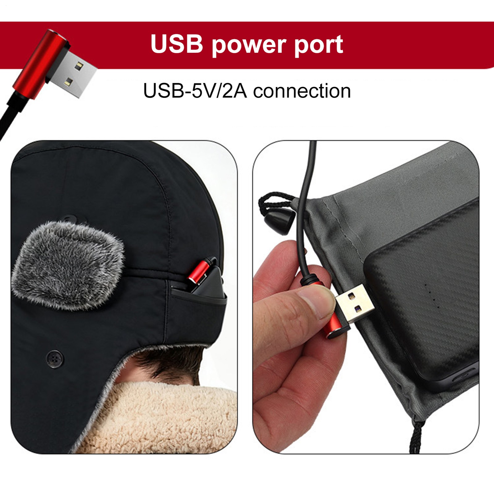 Winter Hat USB-Powered Warm Headgear Windproof Thermal Ear Protection Hat