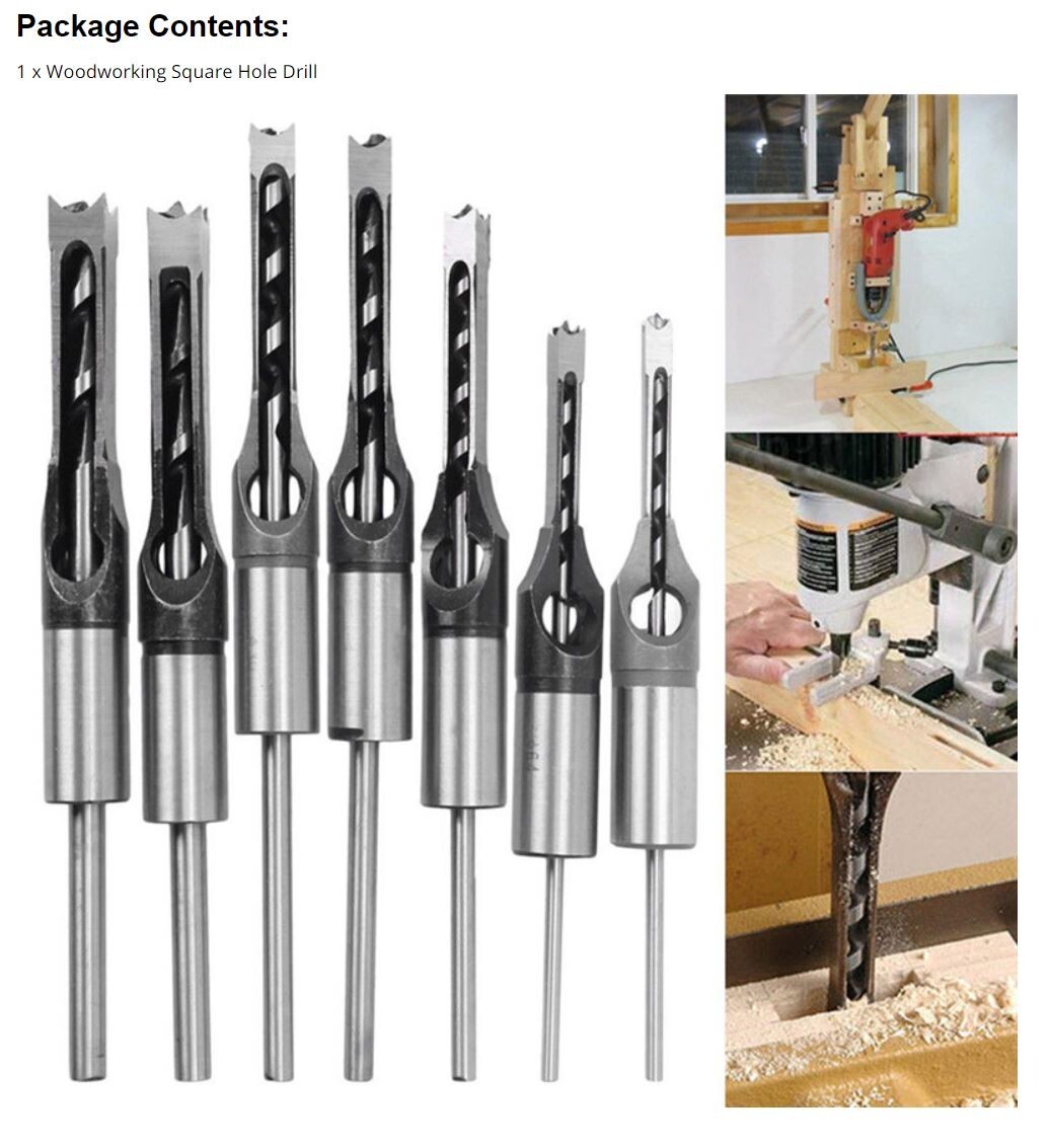 Square Hole Drill Bit 2Pcs 3/8" Woodworking Mortise Hollow Chisel Drill Bit