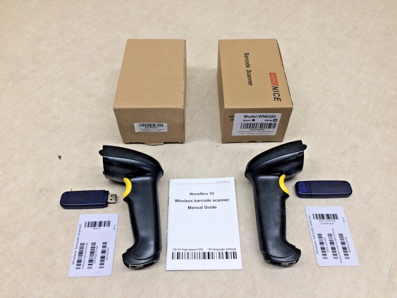 Lot of 2 WN6300 Barcode Scanners WoneNice 1D 2.4G Wireless W/ Accessories