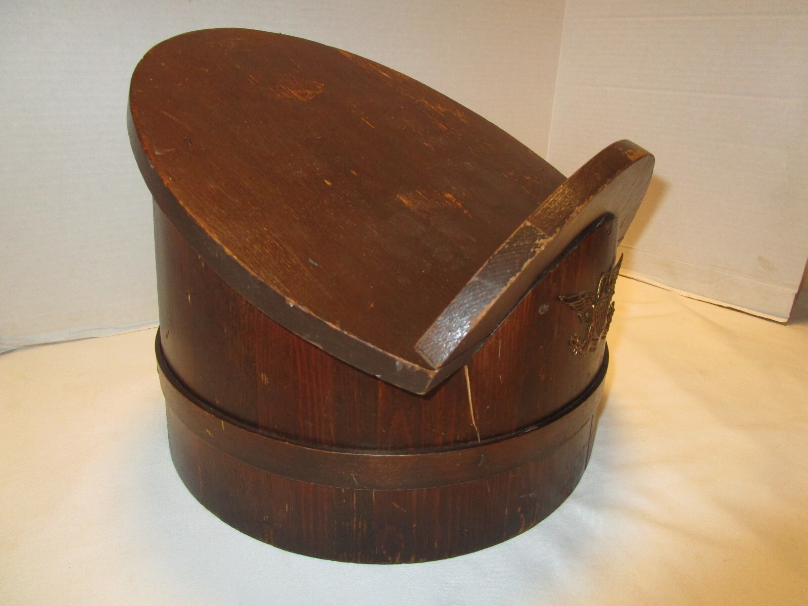 Vintage Folk Art Wood Barrel firkin Footrest American Eagle décor 12.25" W 1900s