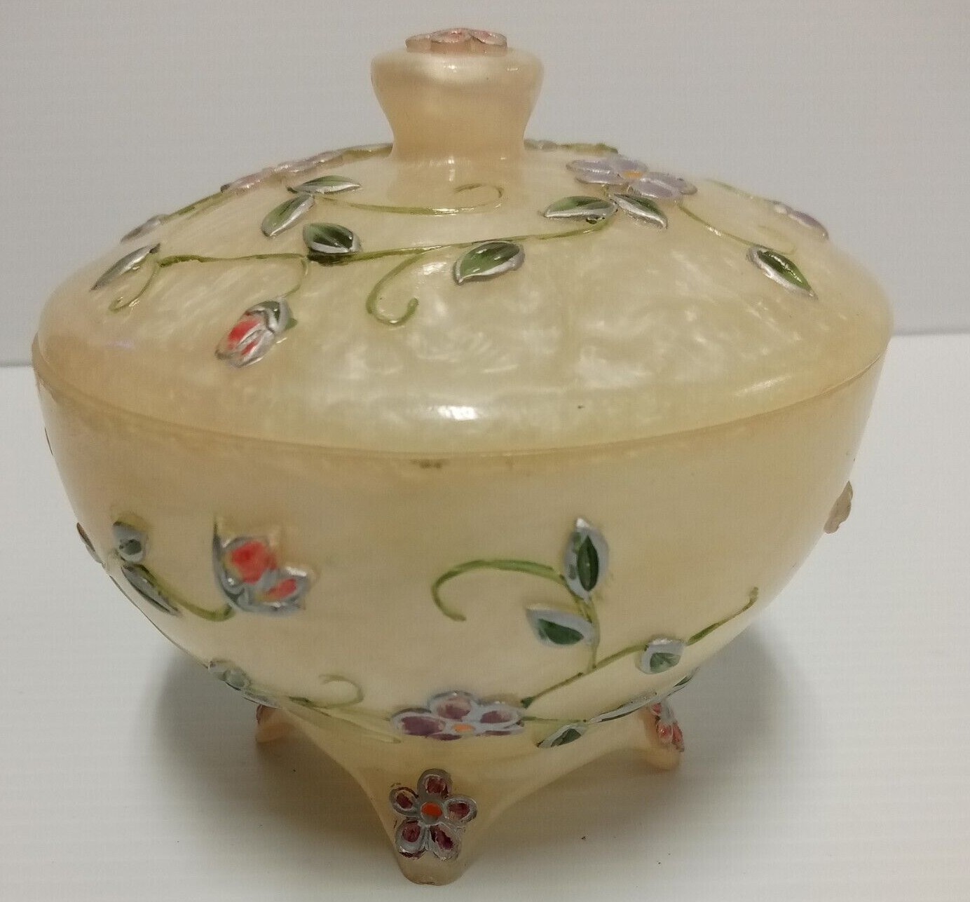 Pearl Finished Acrylic Trinket Bowl w/Lid Floral Detail (FC 70/2 D754)