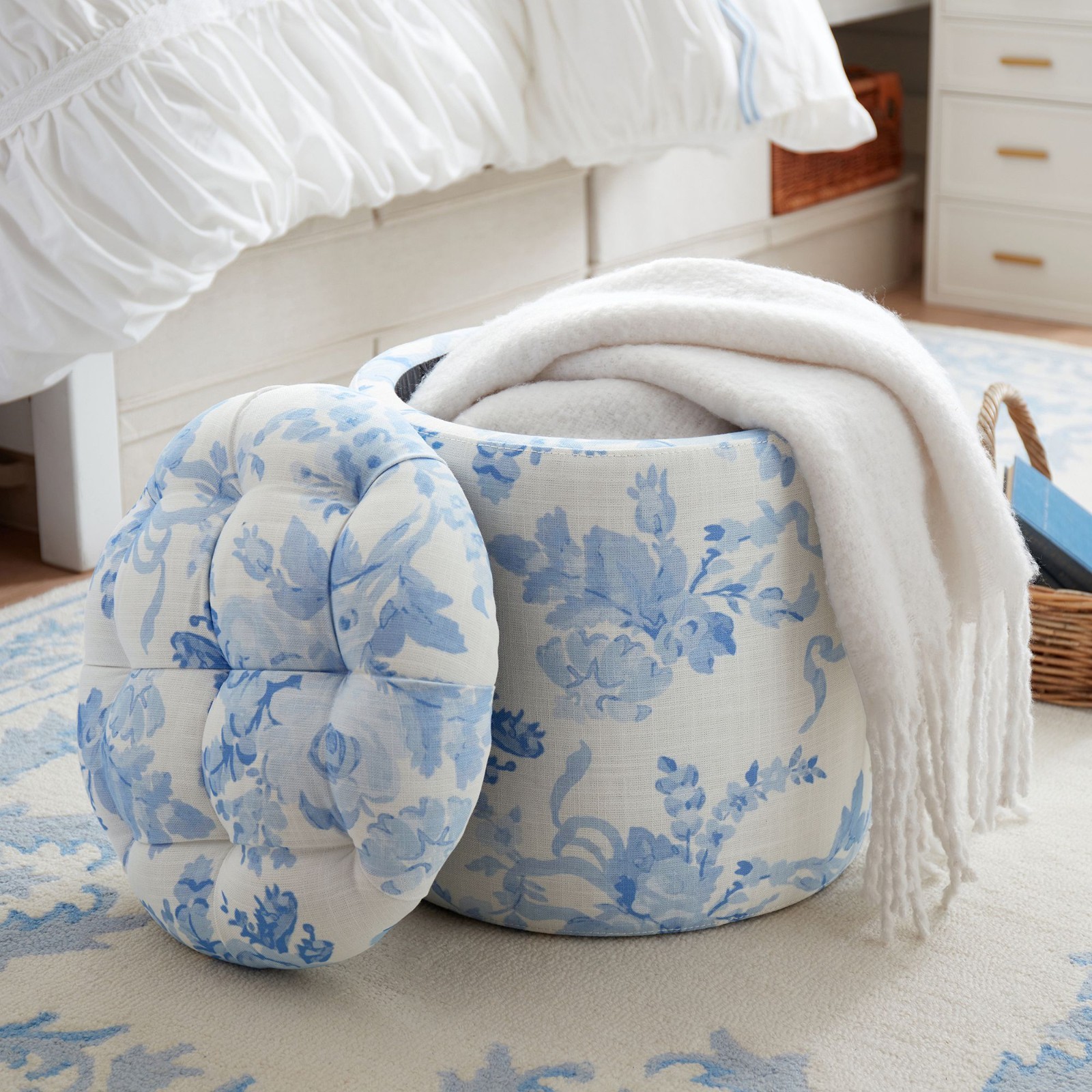 LoveShackFancy Tufted Round Storage Ottoman - Garden Damask Blue