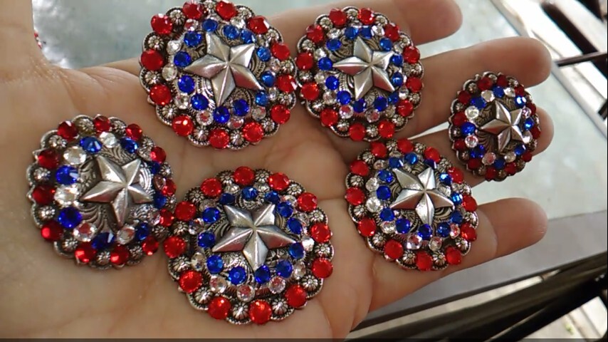 6 pc crystal bling saddle concho set star red, white, n blue crystals
