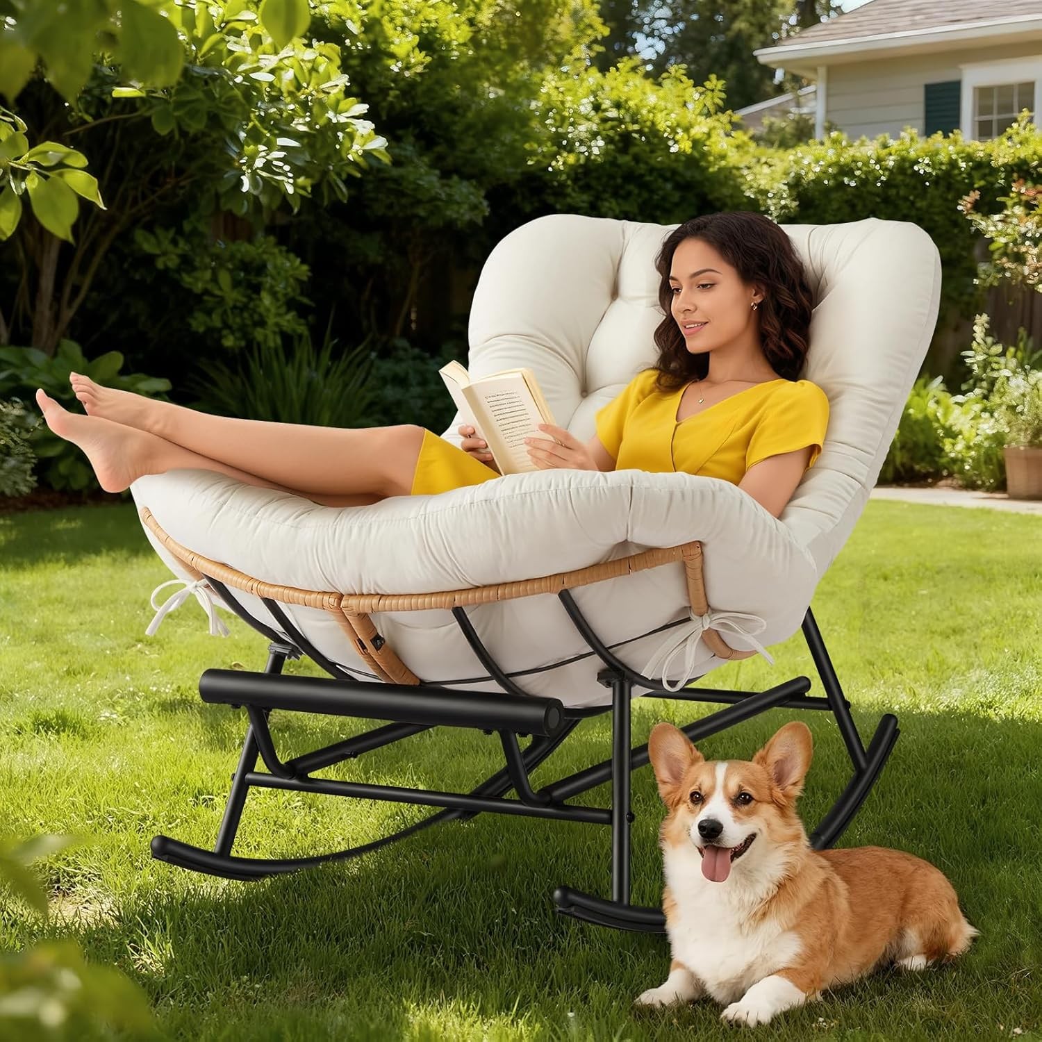 Rattan Rocking Chair with Extendable Footrest & Flannel Cushion for Living Room