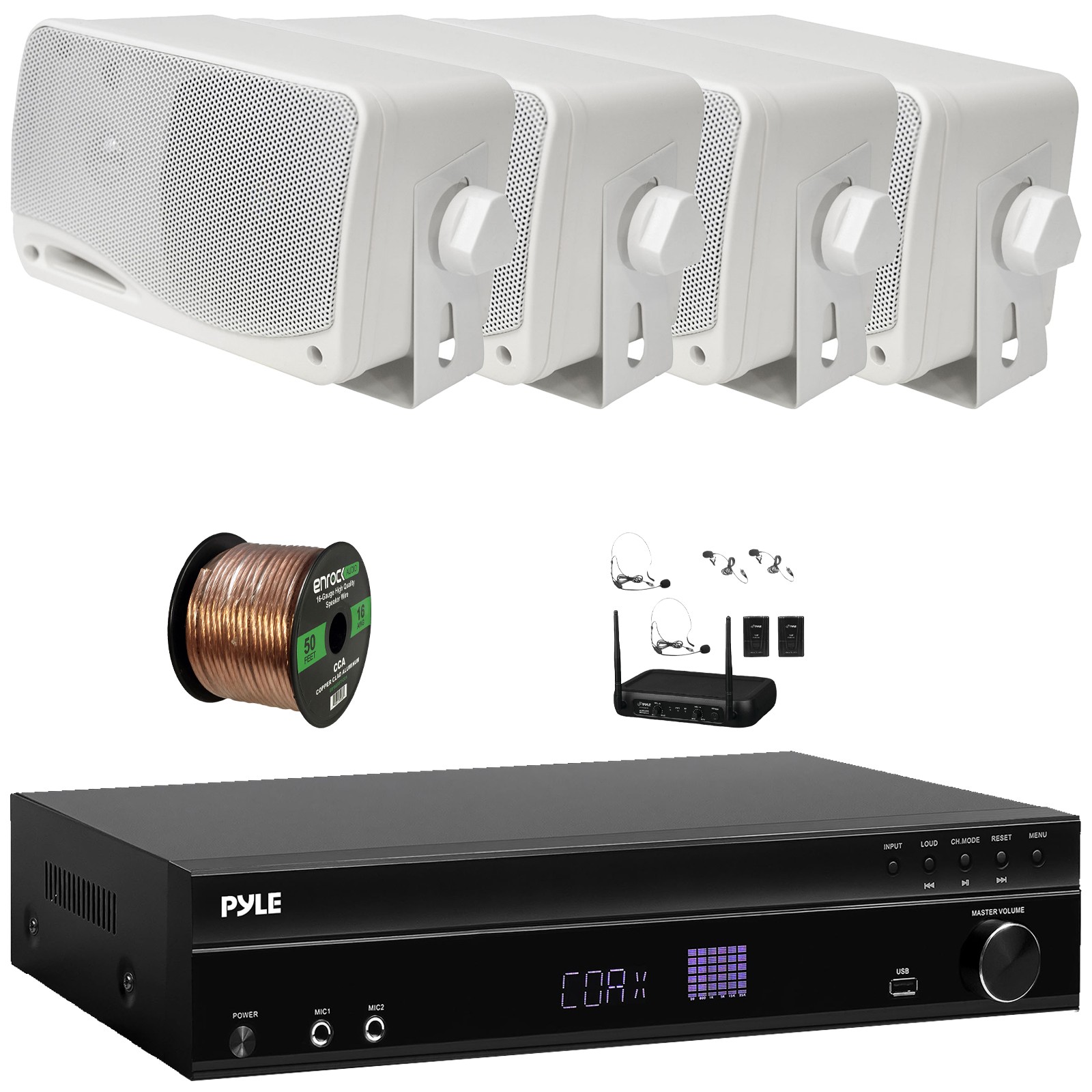 Pyle Bluetooth USB Receiver, 4x 3.5'' 200W Weather Proof Speakers + Wireless Mic