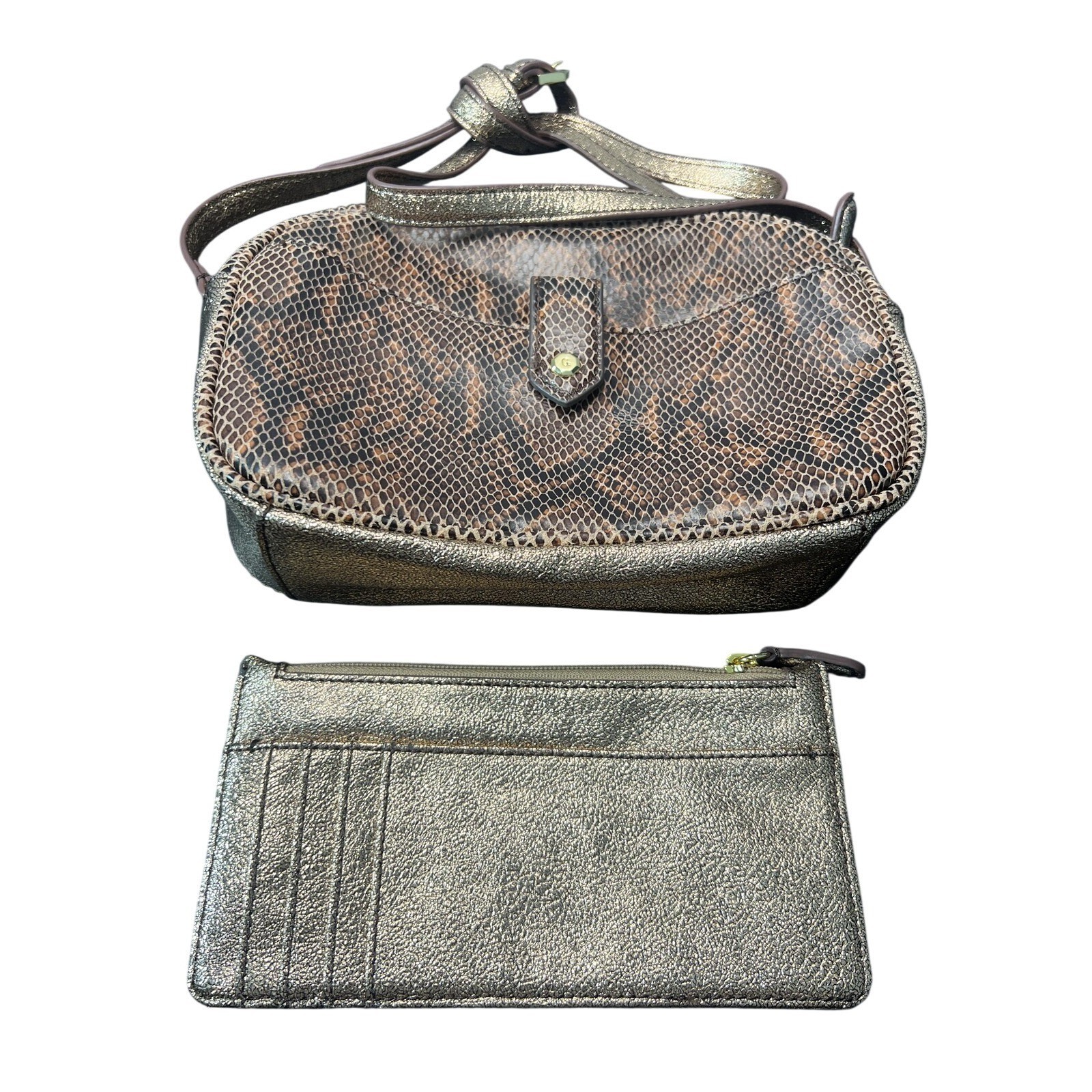 GILI Women's Metallic Gold Snakeskin Crossbody Bag & Card Holder Set Genuine
