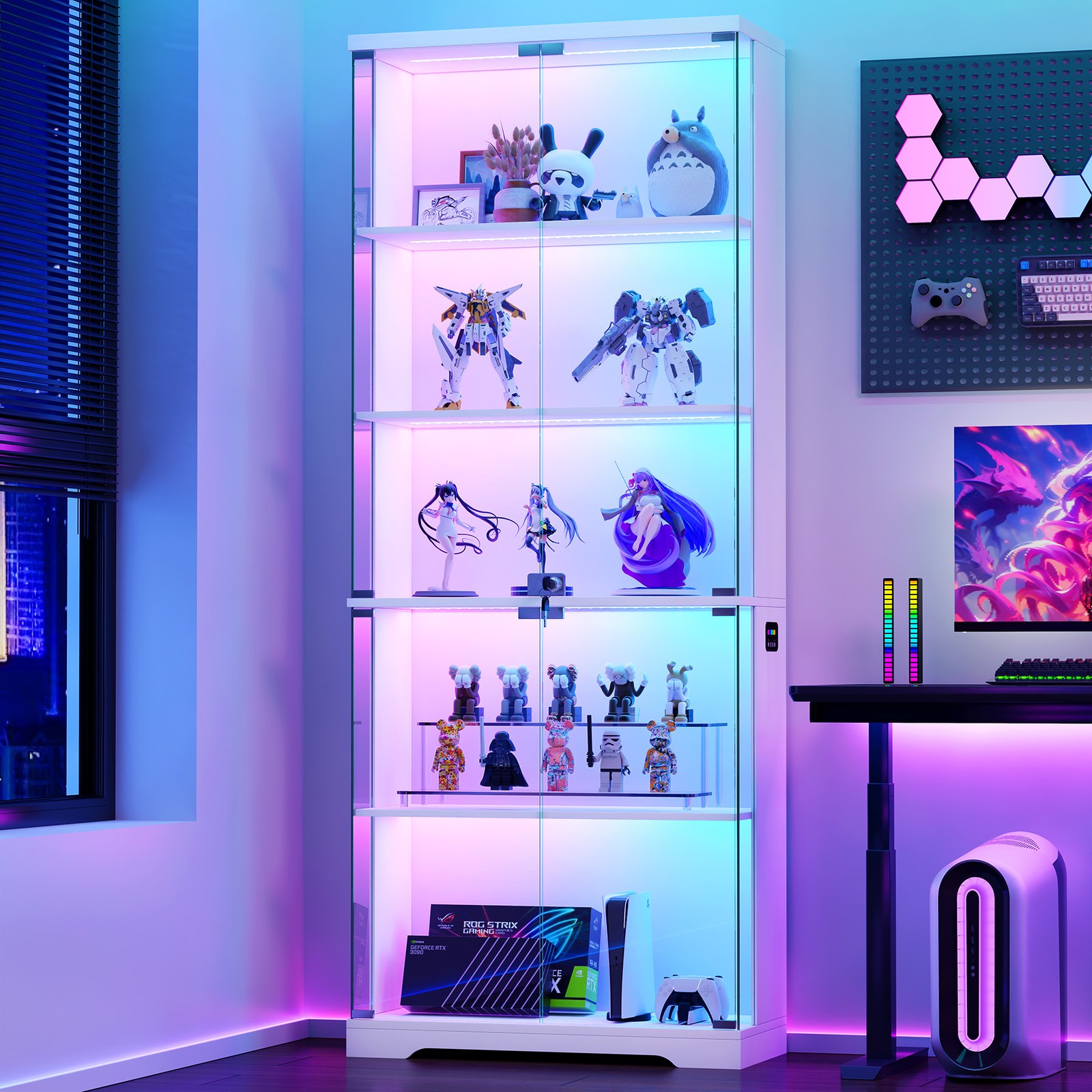 Glass Display Cabinet with Doors 5-Tier RGB LED Lockable Collectibles Cases