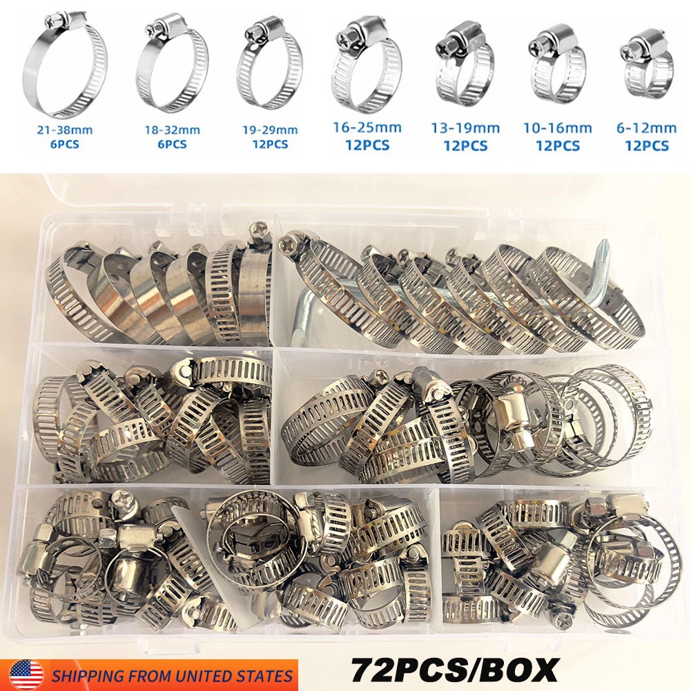 72PC Hose Clamp Assortment Kit Stainless Steel Hose Clamps with Worm Gear 7 Size