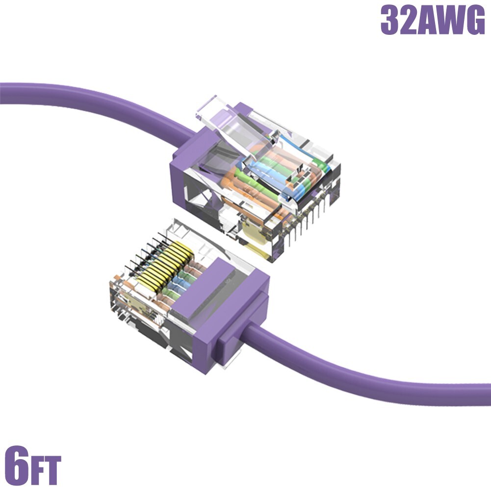 6FT Cat6A RJ45 Super Slim Network LAN Ethernet UTP Patch Cable Cord 32AWG Purple