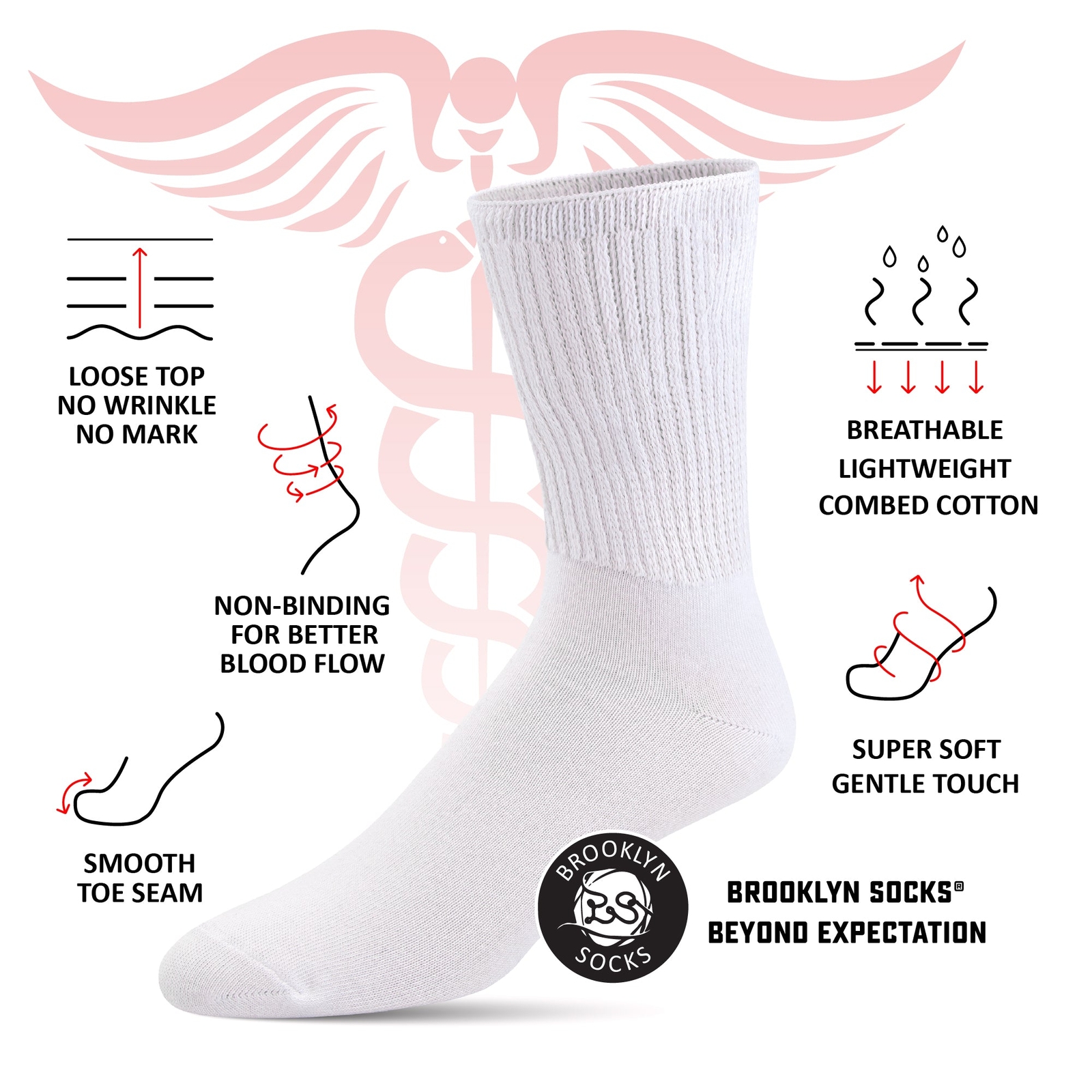 Thin Combed Cotton Diabetic Socks, Loose, Wide, Non-Binding Low-Crew Socks (Fits