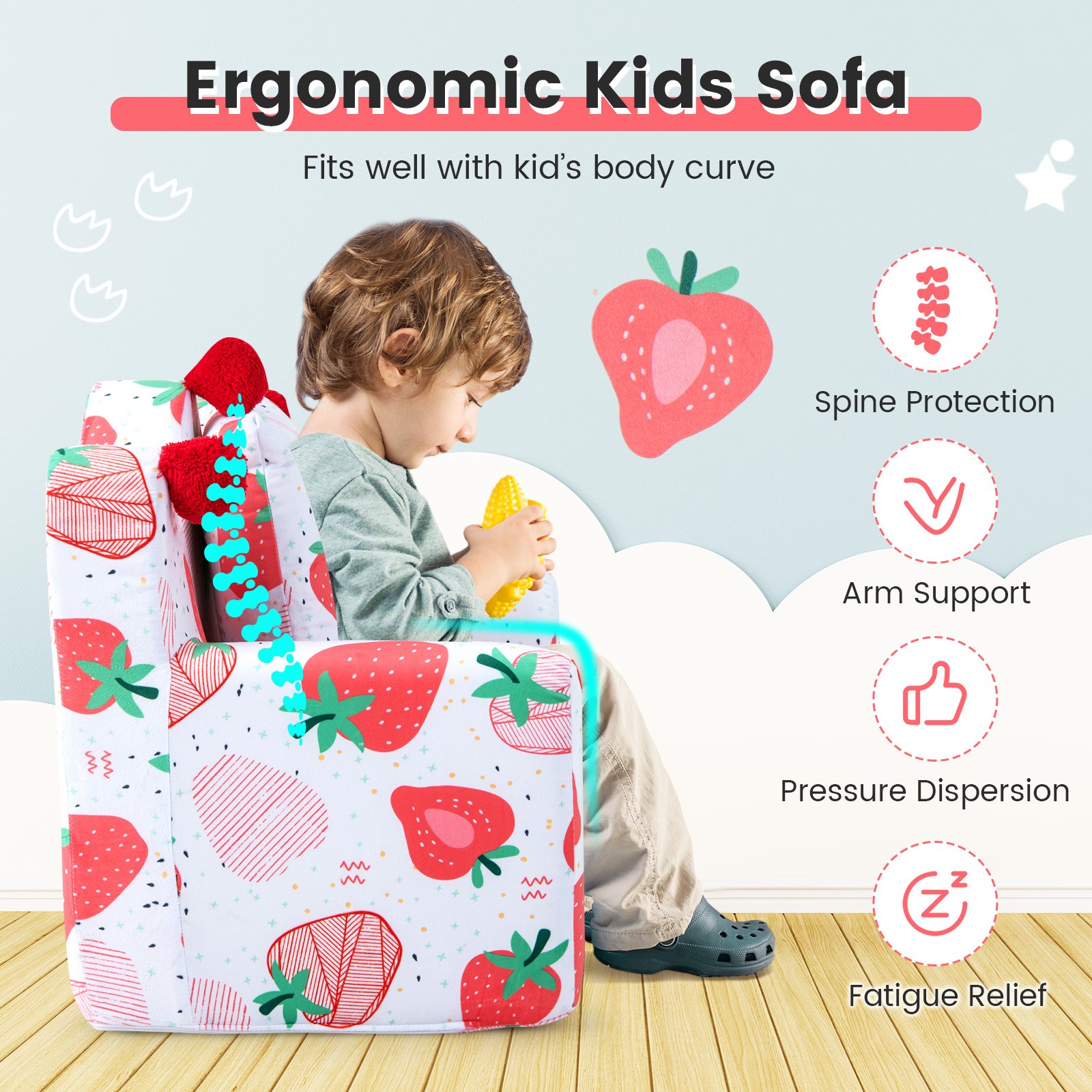 Kids Sofa Chair Foam Filled Armchair Strawberry Toddler Couch w/ Cover & Pillow
