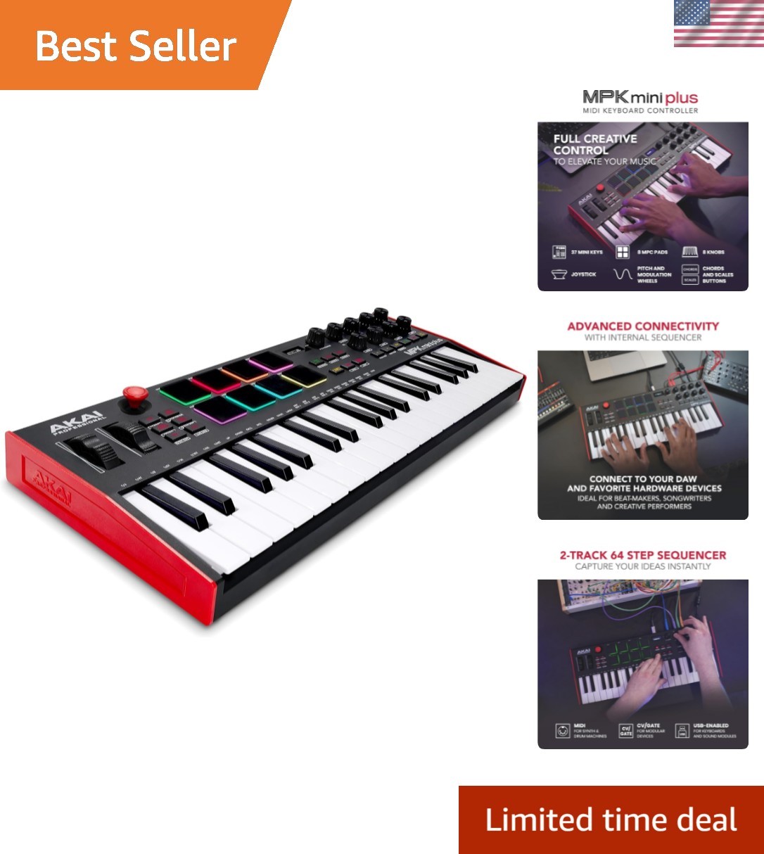 MPK Mini Plus - USB MIDI Keyboard Controller with 37 Mini Keys, 8 MPC Pads, S...