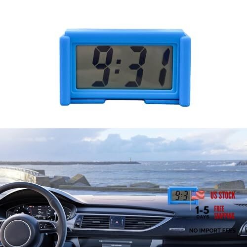 Augeny Mini Car Digital Clock, Adhesive Electronic Small Clock with Clear Blue