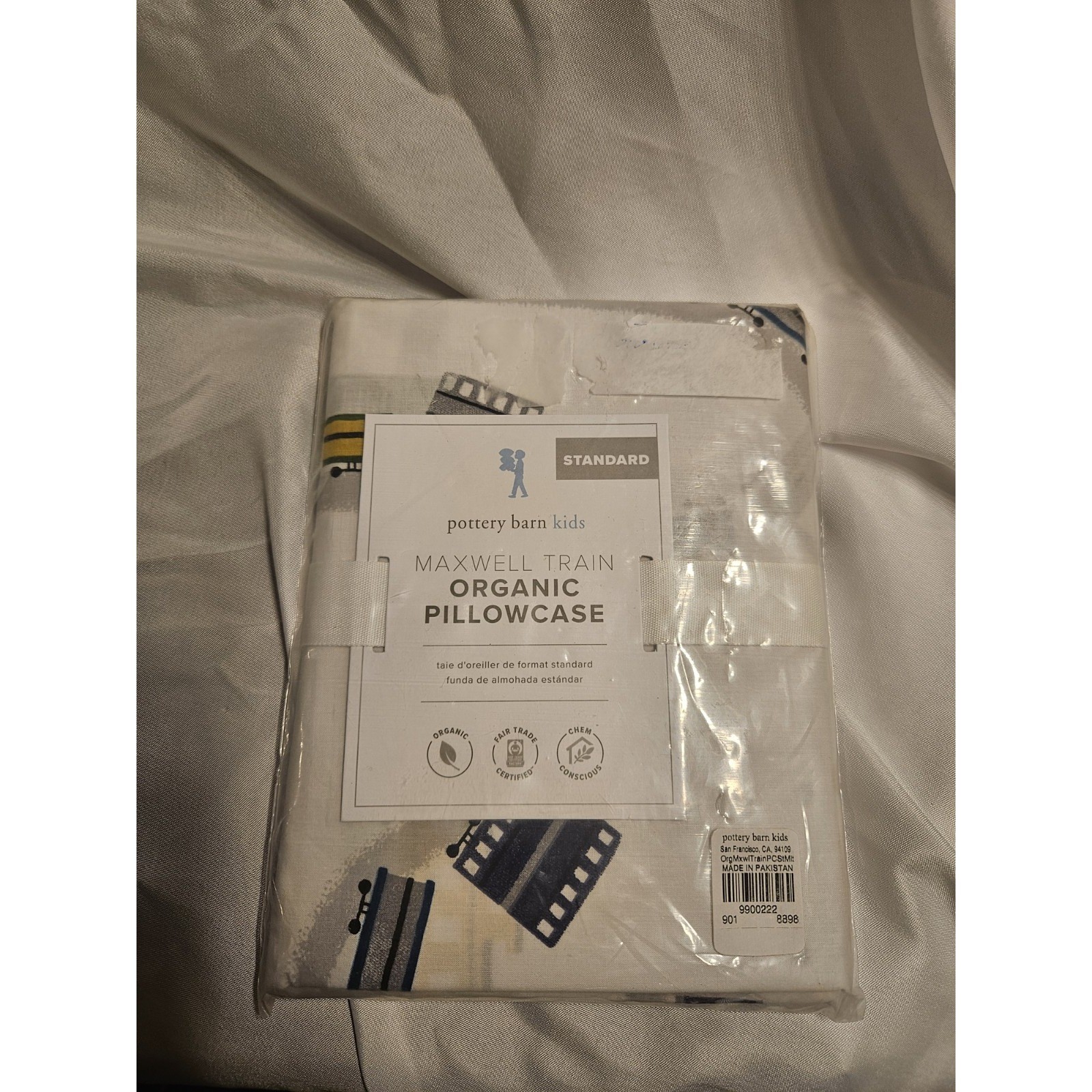 Pottery Barn Kid Maxwell Train Organic Pillowcase Standard White Blue Yellow NEW