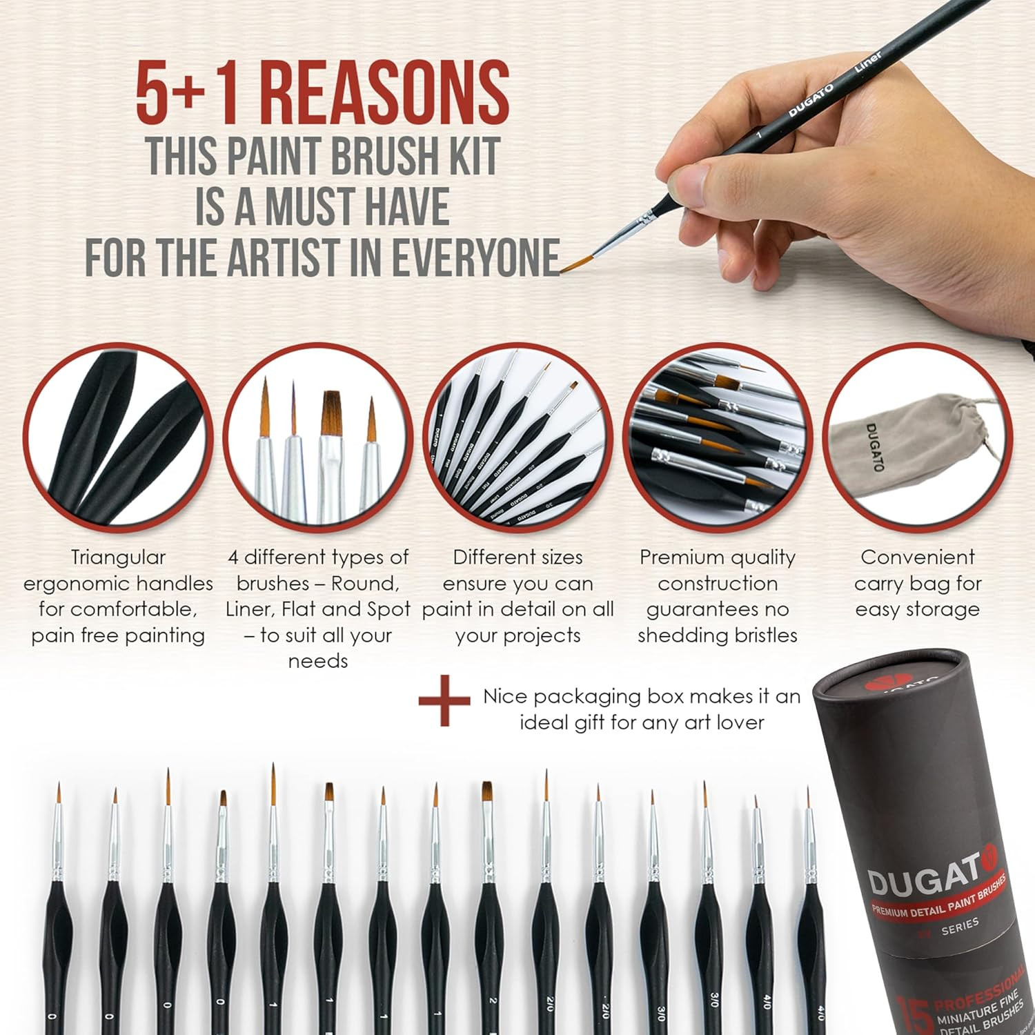Fine Detail Paint Brush Set (15Pc) - Miniature Brushes with Ergonomic Triangular