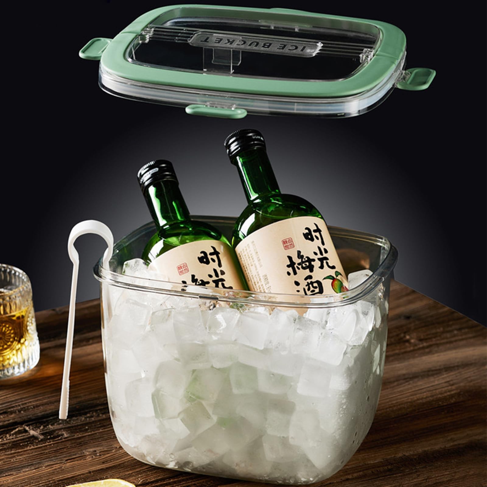 Portable Ice Bucket with Lid & Tong for Outdoor Camping, Clear Plastic Storag...