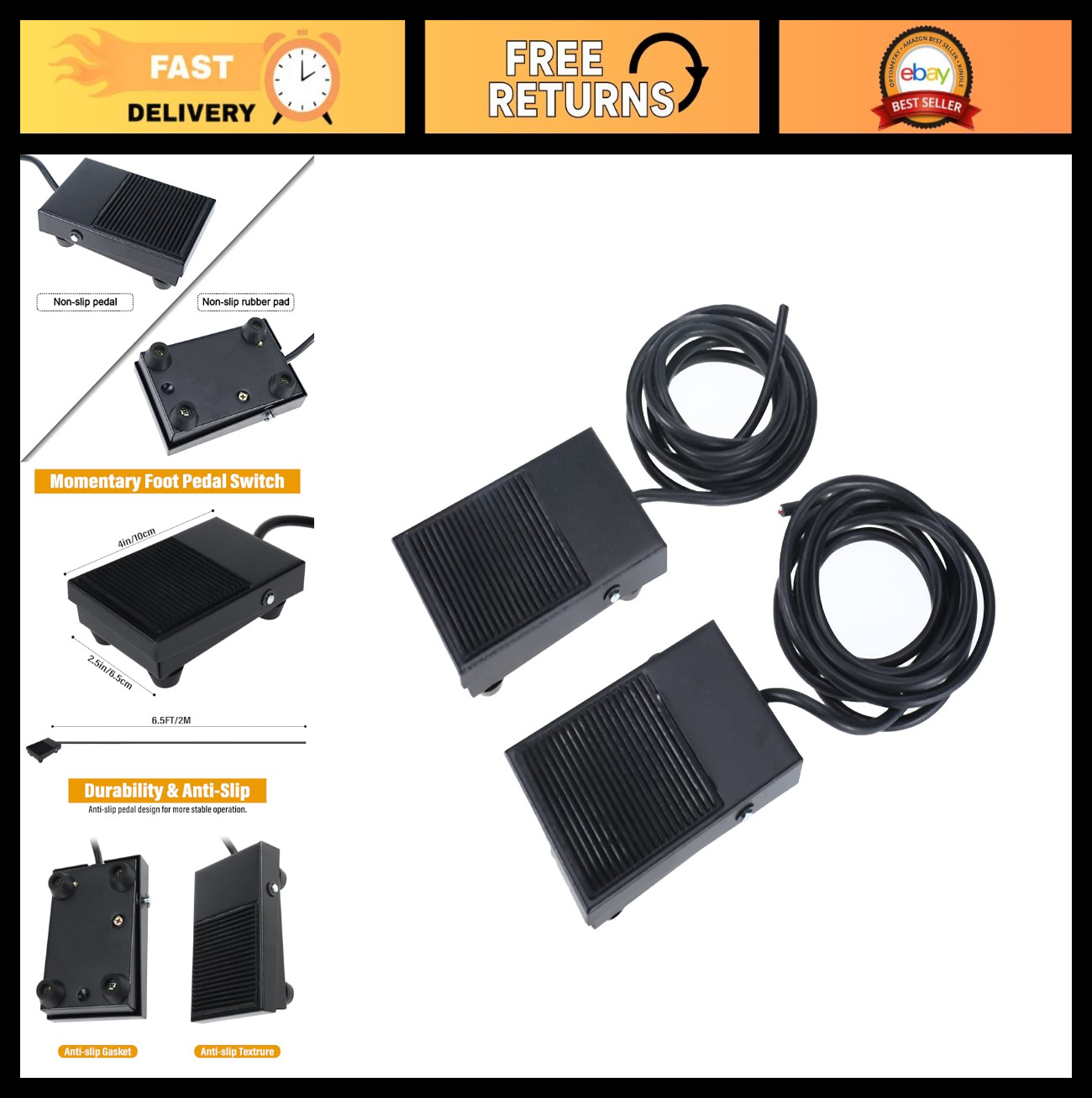 2 Pack Foot Switch Pedal, 10A 250VAC Nonslip Momentary SPDT NO NC, 6.5FT Cable