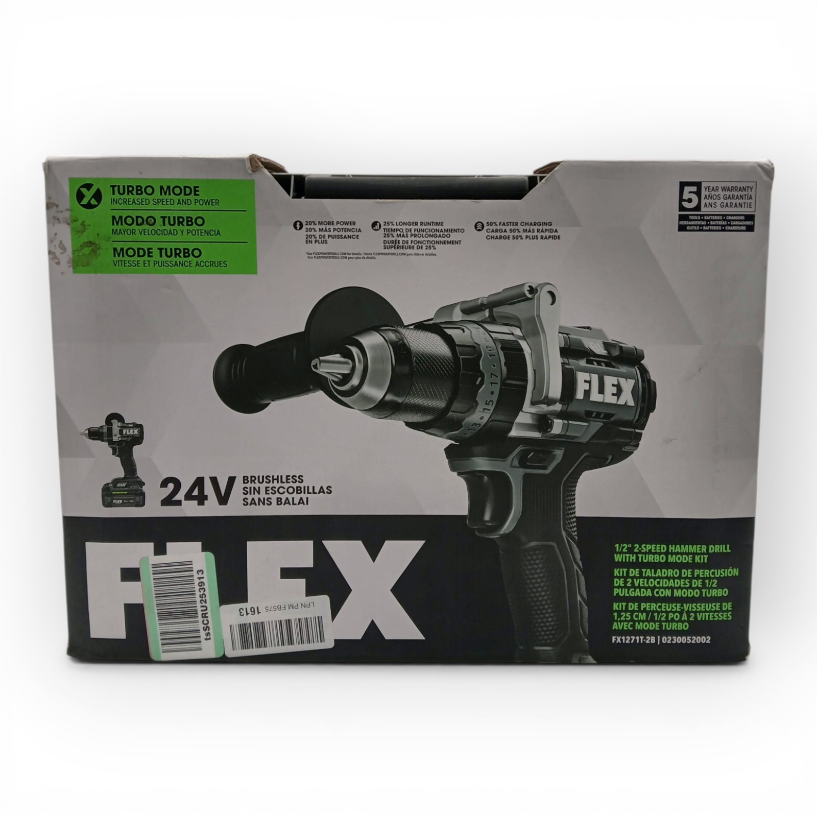 FLEX 24V 1/2" 2-Speed Hammer Drill w/ Turbo Mode Kit 2x Batteries - Untested