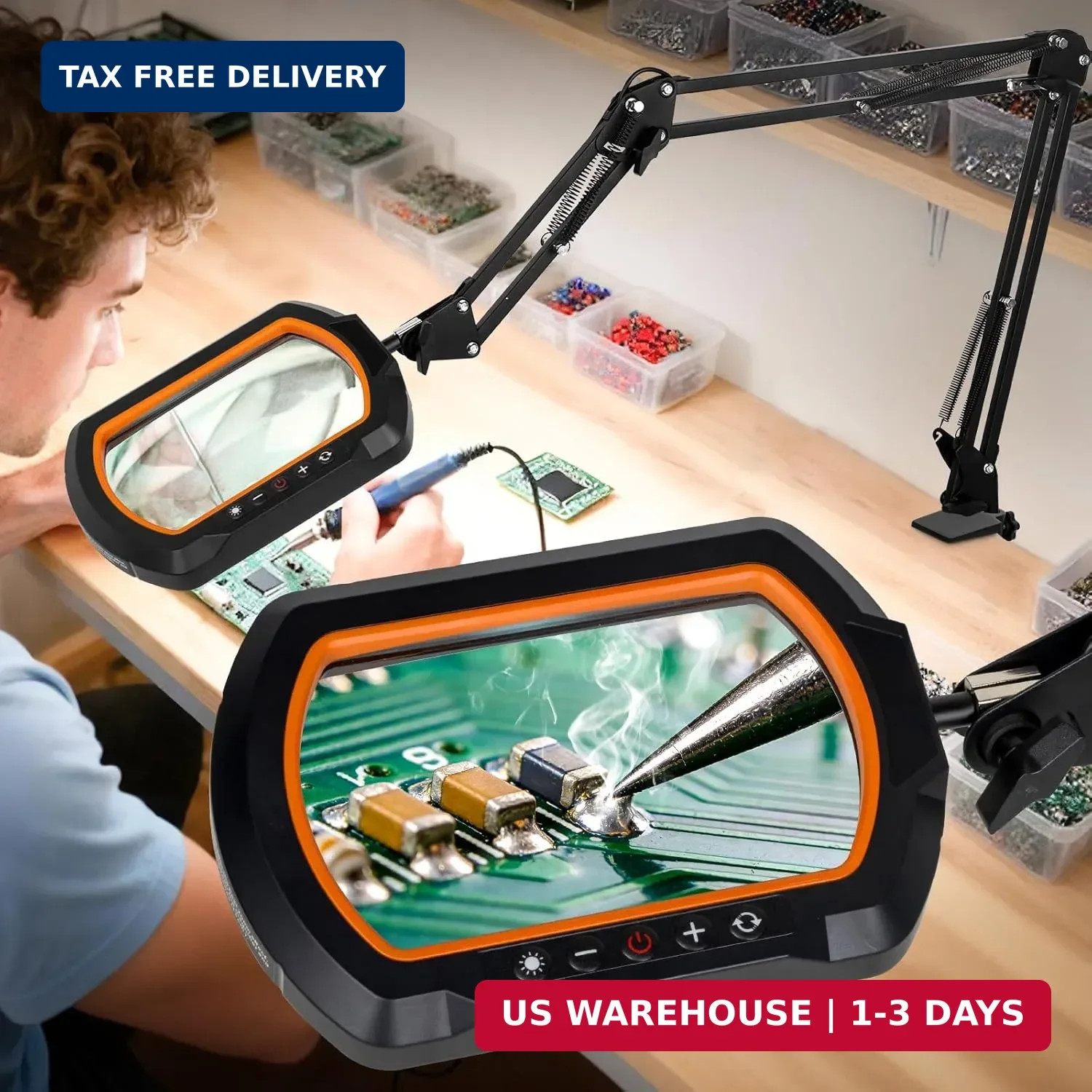 HITTI 12X Square Magnifying Glass with Light and Clamp, Hands-Free Lighted Stand