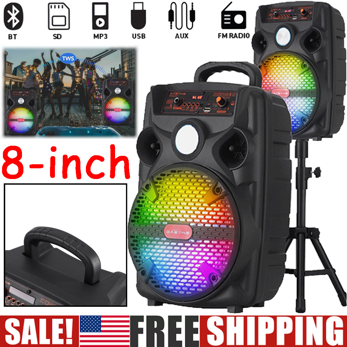 Portable 8" Wireless Bluetooth Party Speaker System w/ Mic Stand TWS AUX +Remote